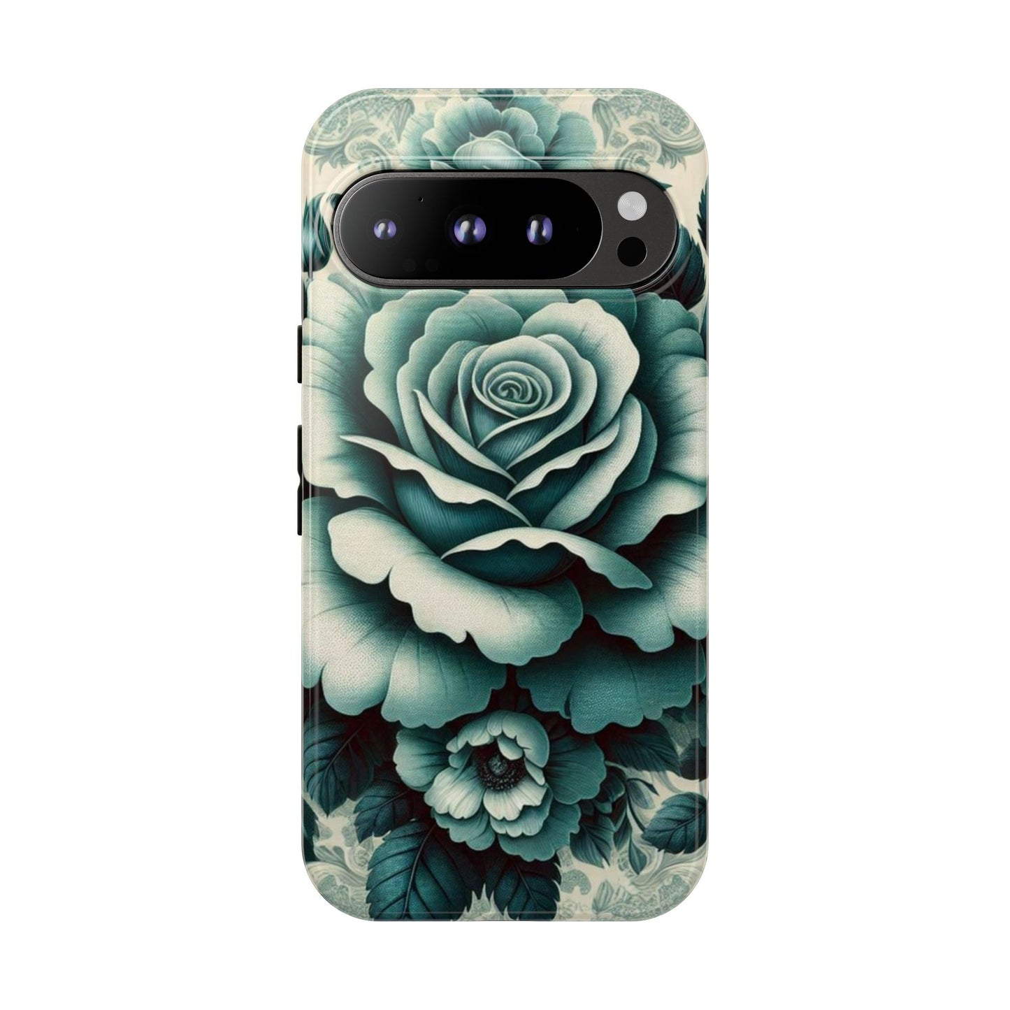Elegant Floral Motif Phone Case - Tough Cases with Vintage Design - Teal Roses & Damask
