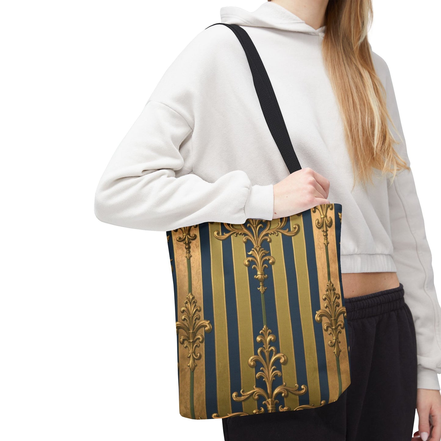 Elegant Midnight Blue & Olive Striped Gold Baroque Golden Striped Tote Bag, Stylish Shopping Bag, Trendy Handbag, Chic Gift for Her