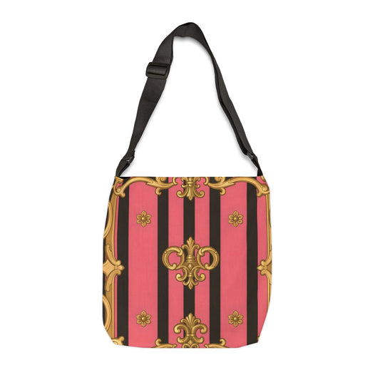 Elegant Vintage Pattern Adjustable Tote Bag - Stylish Carryall for Shopping, Travel - Pink & Black Striped Gold Baroque
