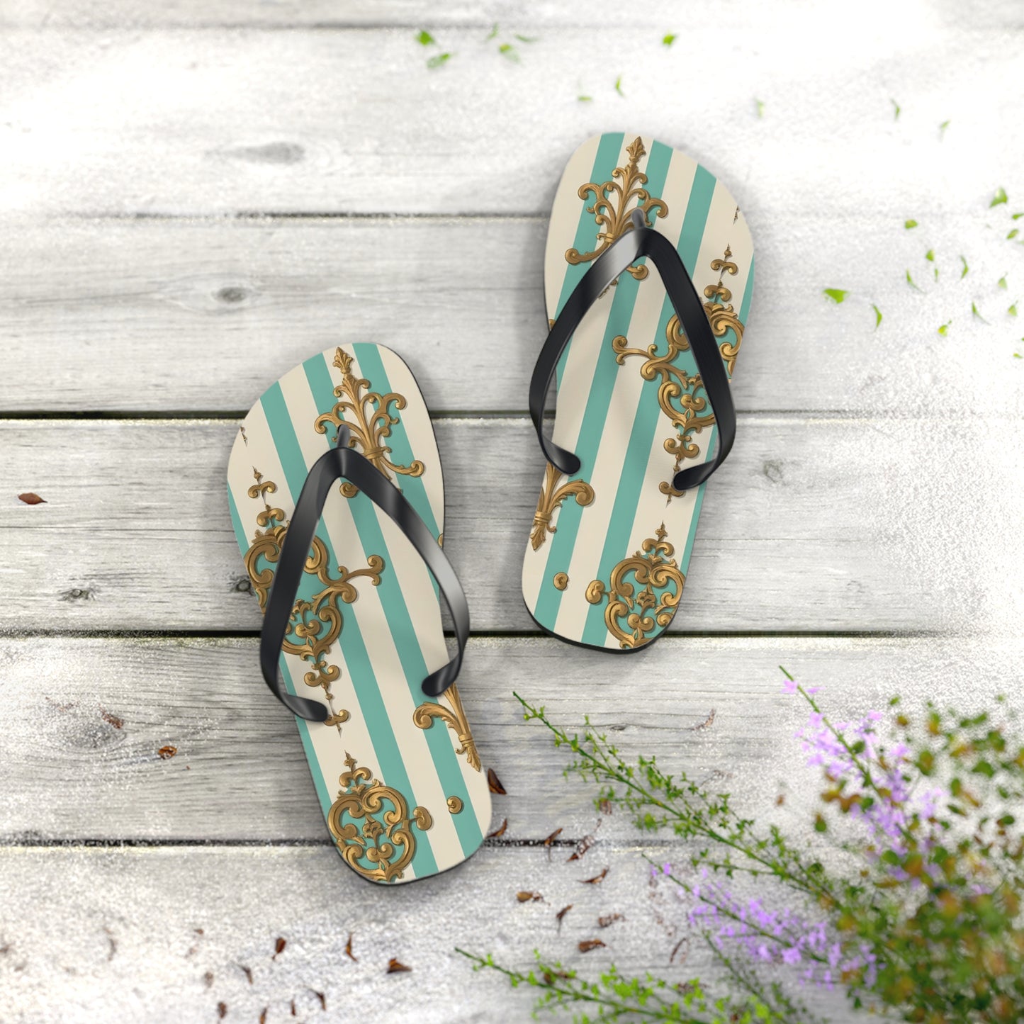 Chic Floral Flip Flops - Summer Sandals, Beach Footwear, Vacation Ready, Boho Style, Gift for Her - Matte Green Striped Rococo