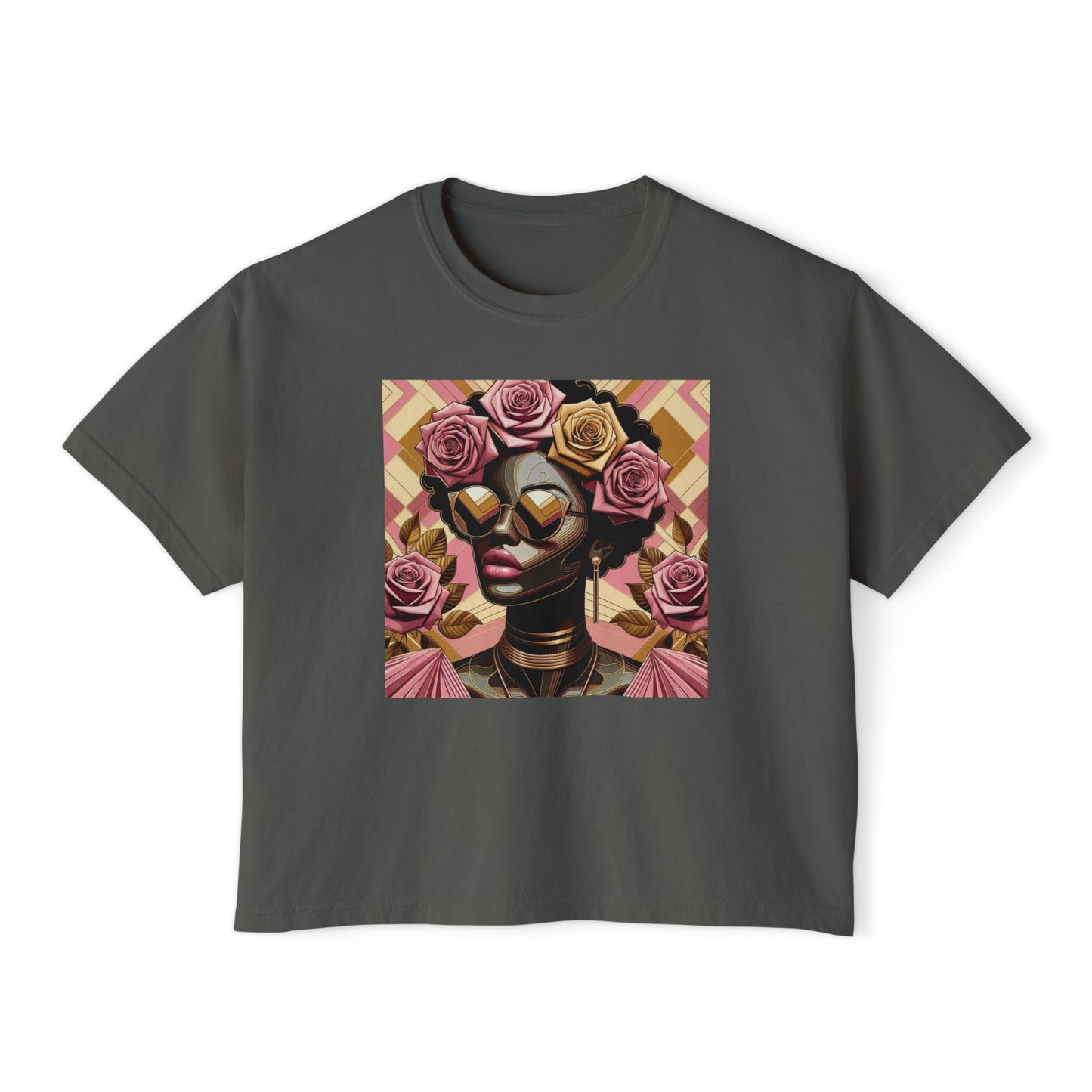 Chic Floral Graphic Women's Boxy Tee, Casual T-Shirt, Summer Fashion, Gift for Her, Everyday Wear - Pink Roses Lady