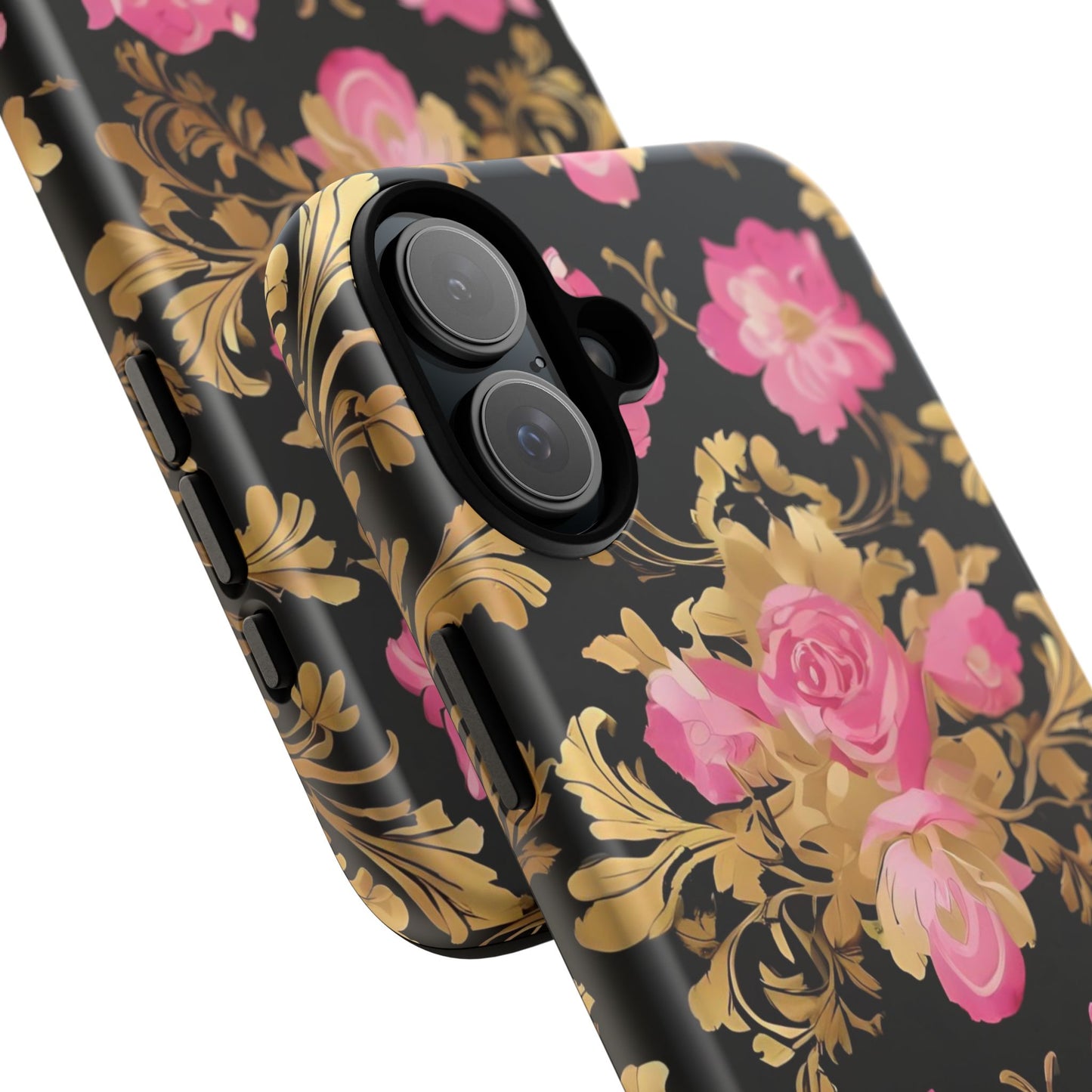 Elegant Floral Motif Phone Case - Tough Cases with Vintage Design - Pink & Gold Roses