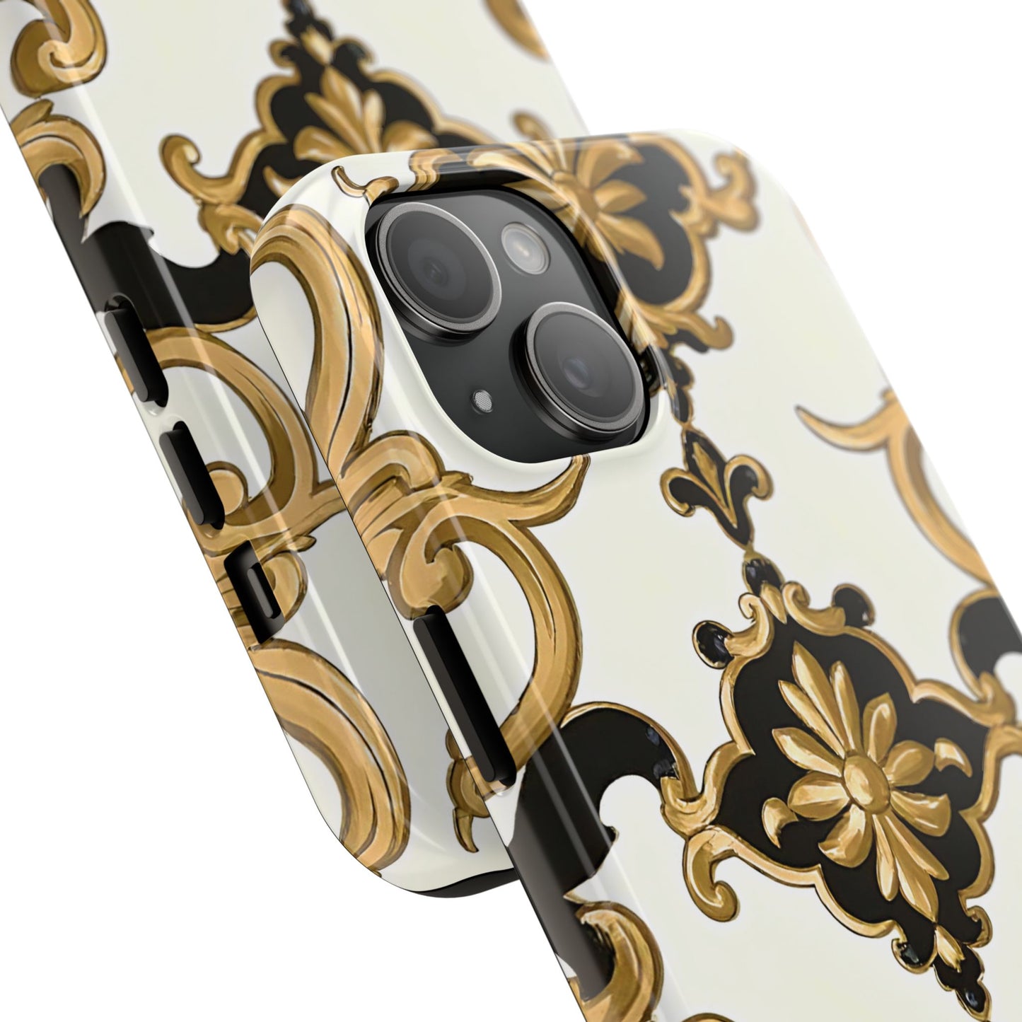 Elegant Floral Tough Phone Cases, Durable Phone Cover, Stylish Phone Accessories, Gift for Her, Chic Phone Cases - Black & Gold Rococo
