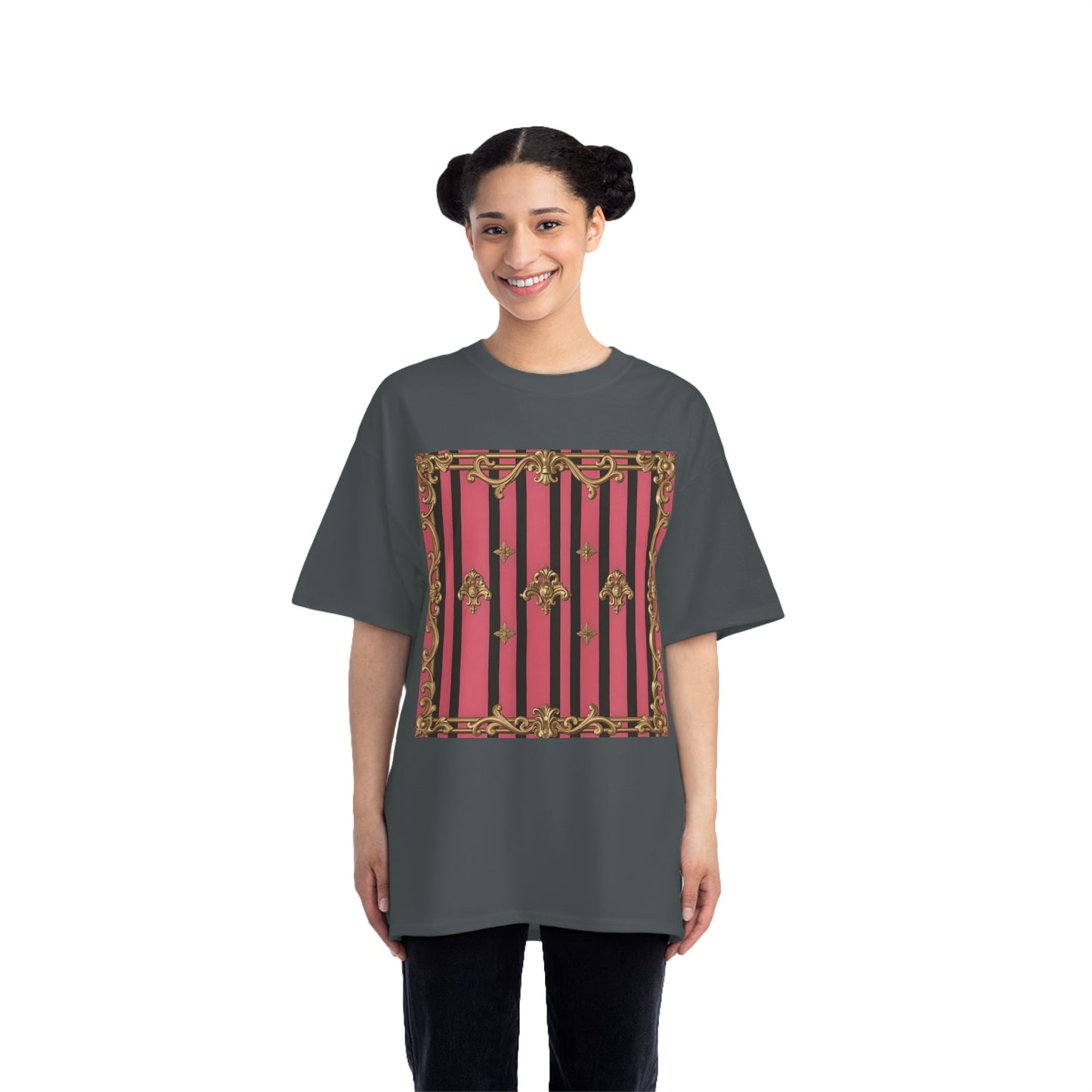 Elegant Baroque Short-Sleeve T-Shirt - Artistic Fashion, Graphics Tee, Unique Gift, Stylish Apparel, Casual Wear - Pink Striped Gold Rococo