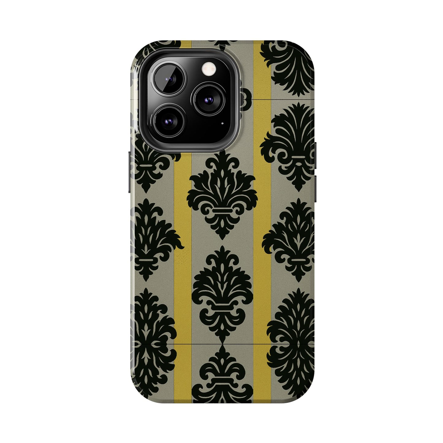 Elegant Baroque Tough Phone Cases | Chic Phone Protection | Gift for Her | Stylish Accessory | Holiday Gift Idea | Silver & Gold Striped Black Baroque