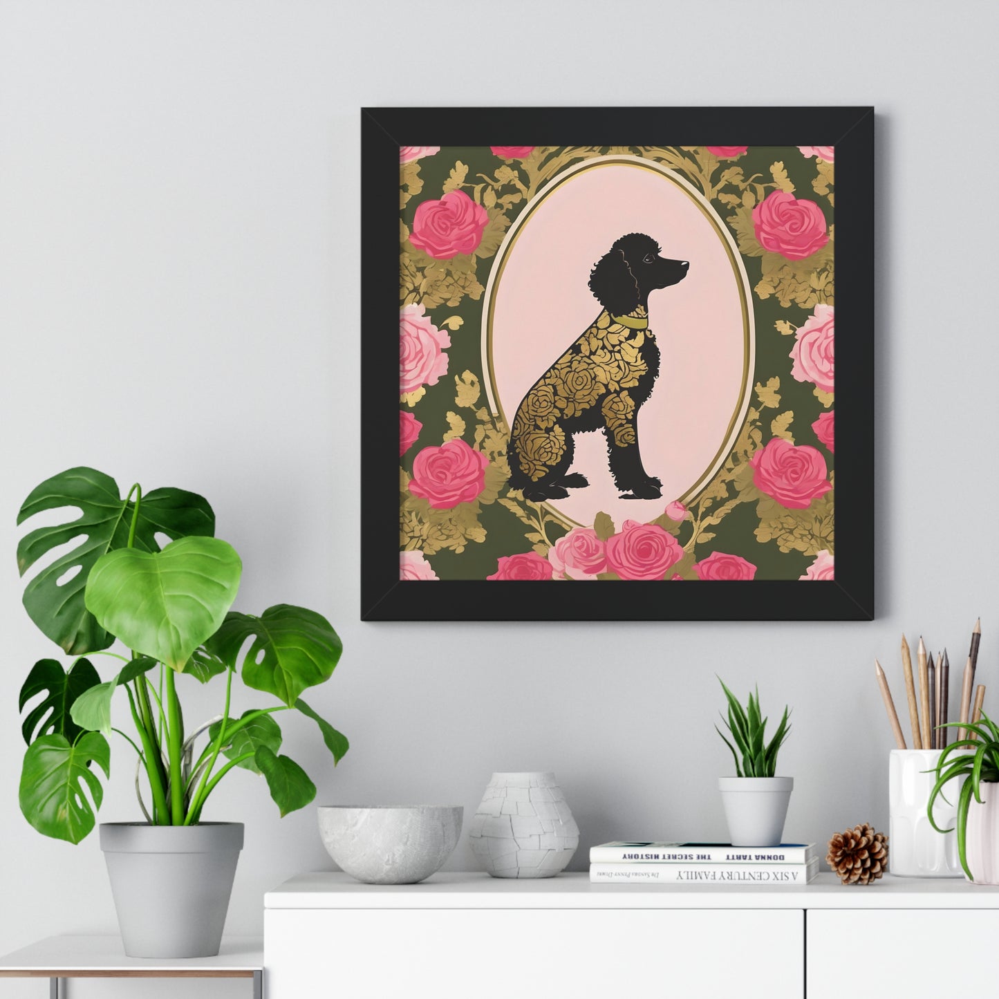 Vertical Poster - Stylish Framed - Art for Home Decor - Damask Black & Gold Poodle in Olive & Pink Roses