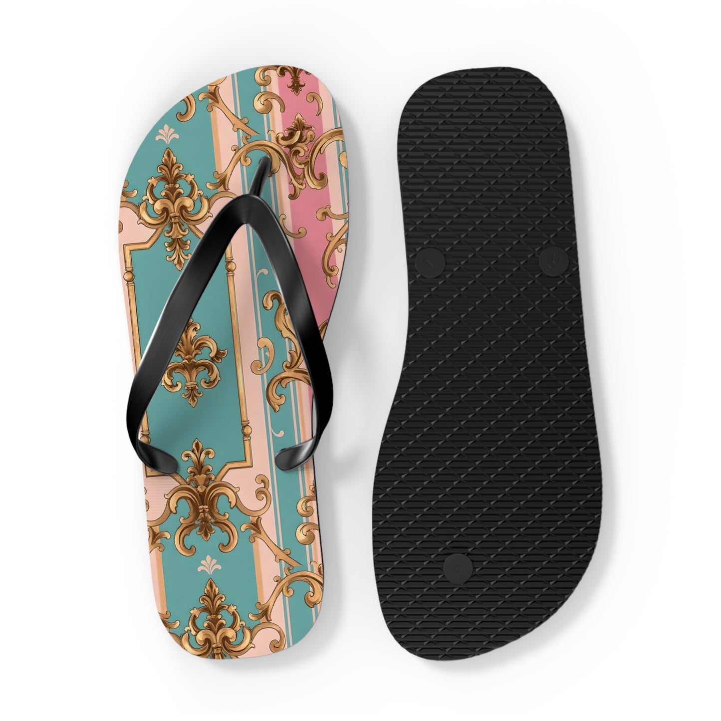 Stylish Flip Flops: Vintage Elegance for Summer Fun, Beachwear, Poolside, Vacation Essentials, Gift for Her - Pink & Matte Turquoise Striped Rococo