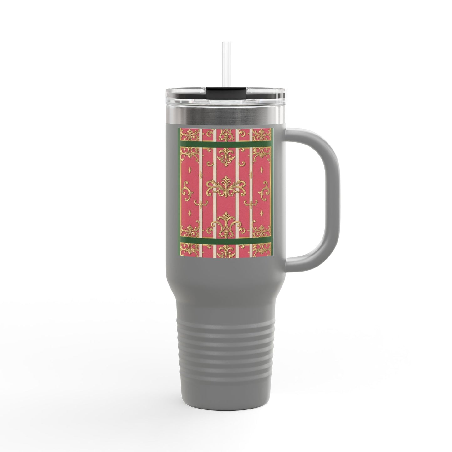 Elegant Insulated Green Border Pink Striped Baroque Travel Mug, 40oz with Baroque Design - Perfect for Gifting, Coffee, Tea, Gift for Her