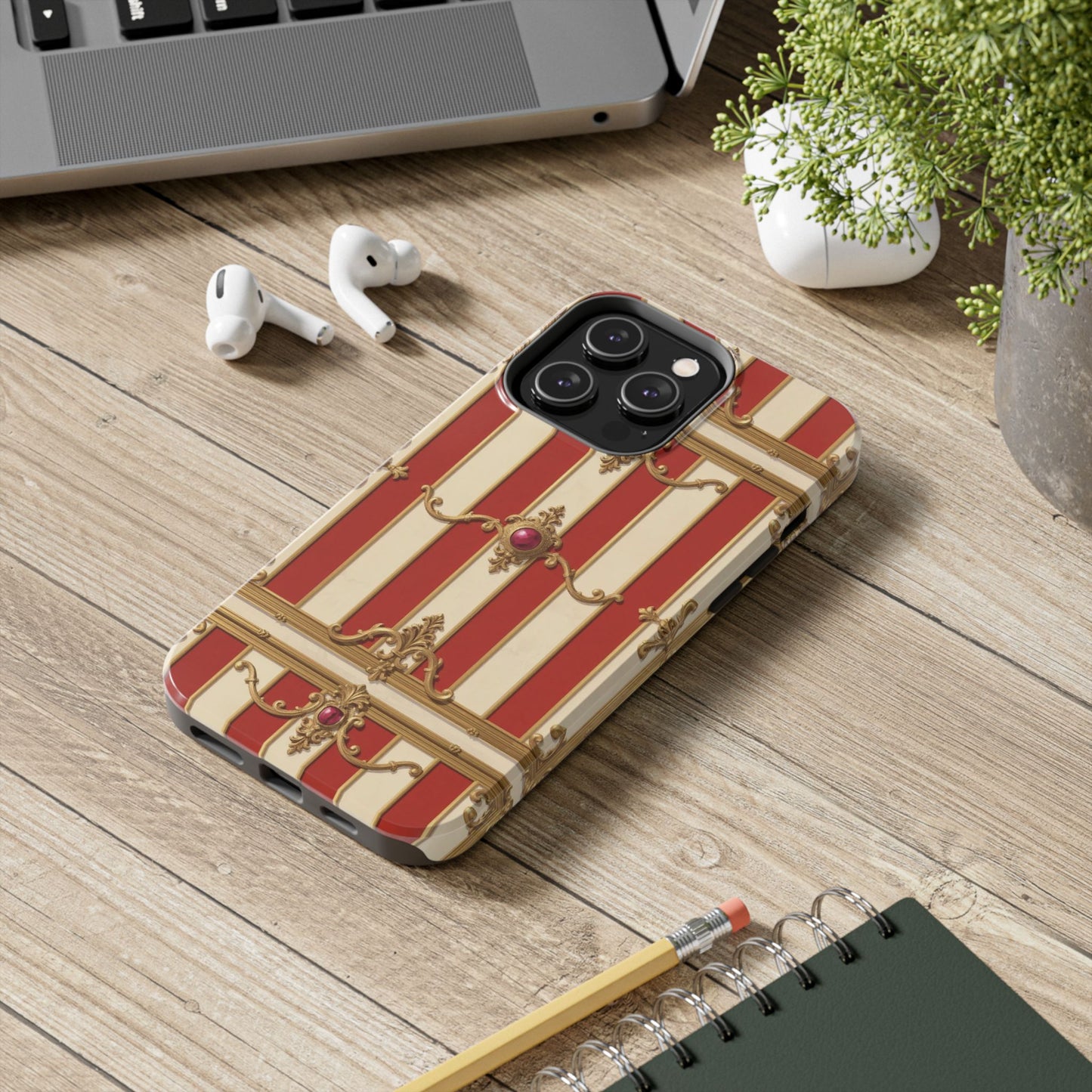 Elegant Alabaster & Dusk Orange Striped Baroque Tough Phone Case - Stylish Protection for Your Device