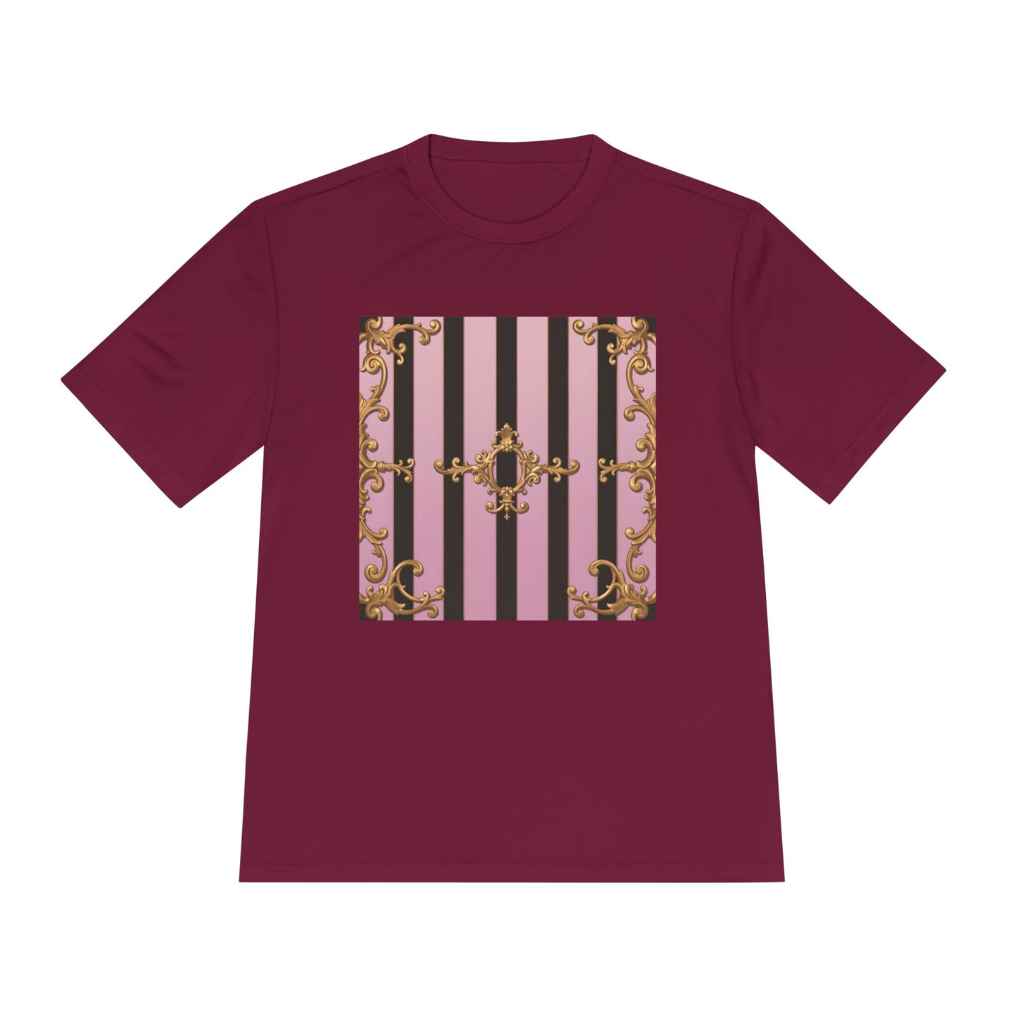 Elegant Striped Unisex Moisture Wicking Tee, Stylish Workout T-Shirt, Fashionable Athletic Top - Matte Lavender & Black Striped Gold Baroque