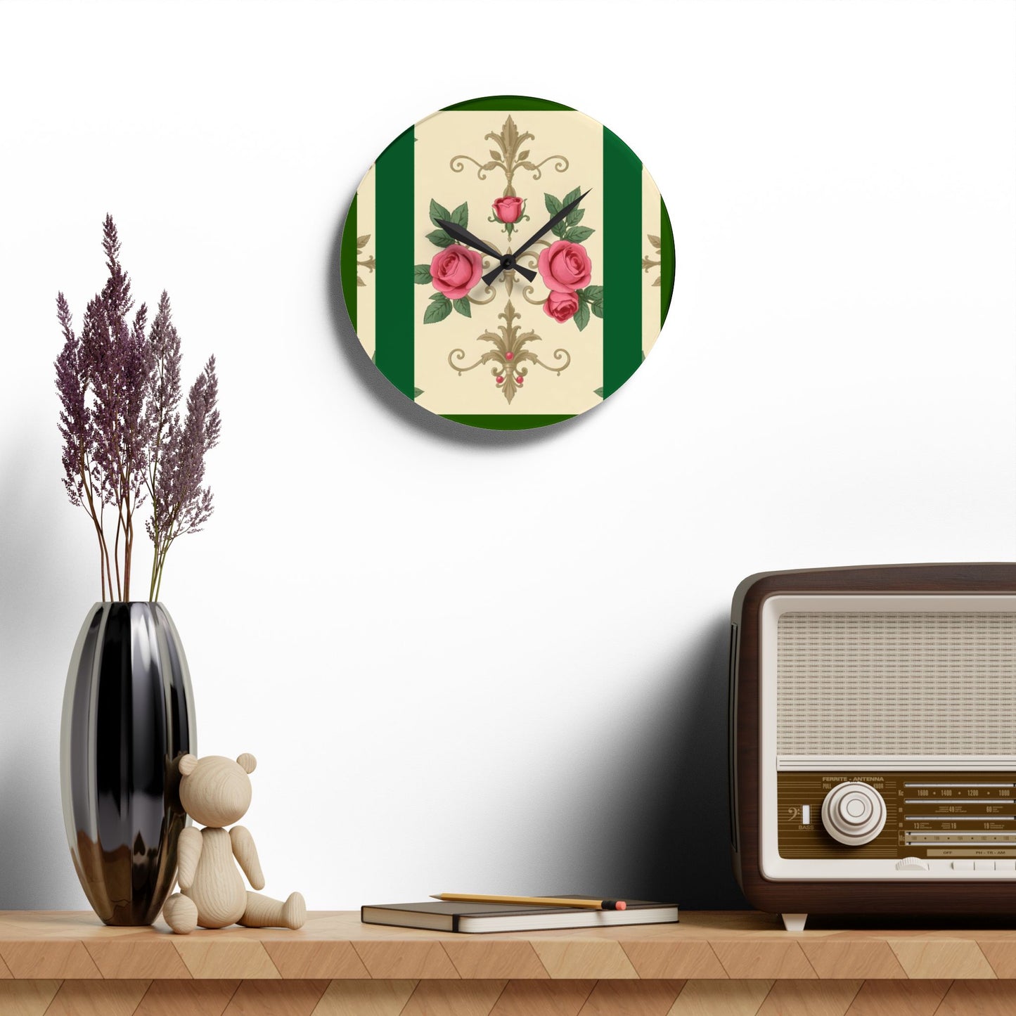 Bohemian Damask-Inspired Acrylic Wall Clock with Floral Design - Green Border Roses & Damask
