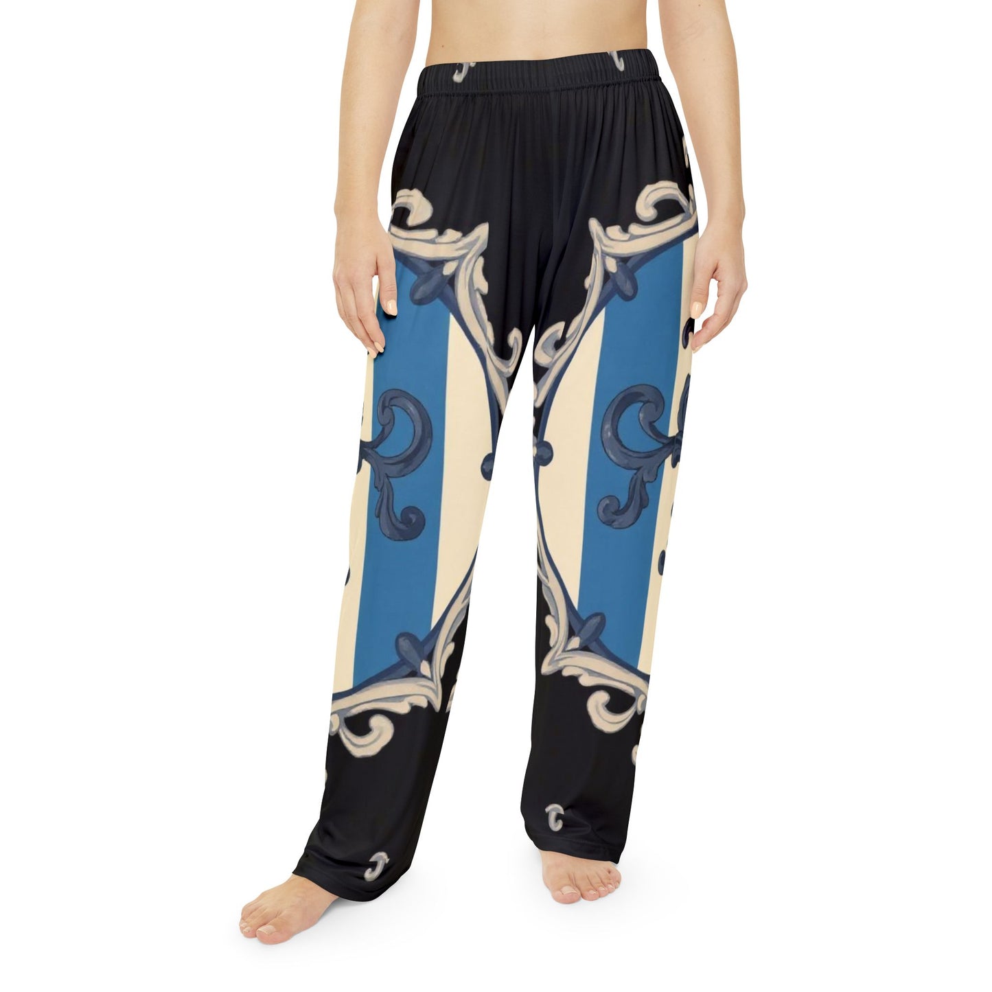 Elegant Blue & Alabaster Striped Baroque Women’s Pajama Pants, Trendy Loungewear, Comfortable Sleep Pants, Stylish Nightwear, Relaxation Fashion