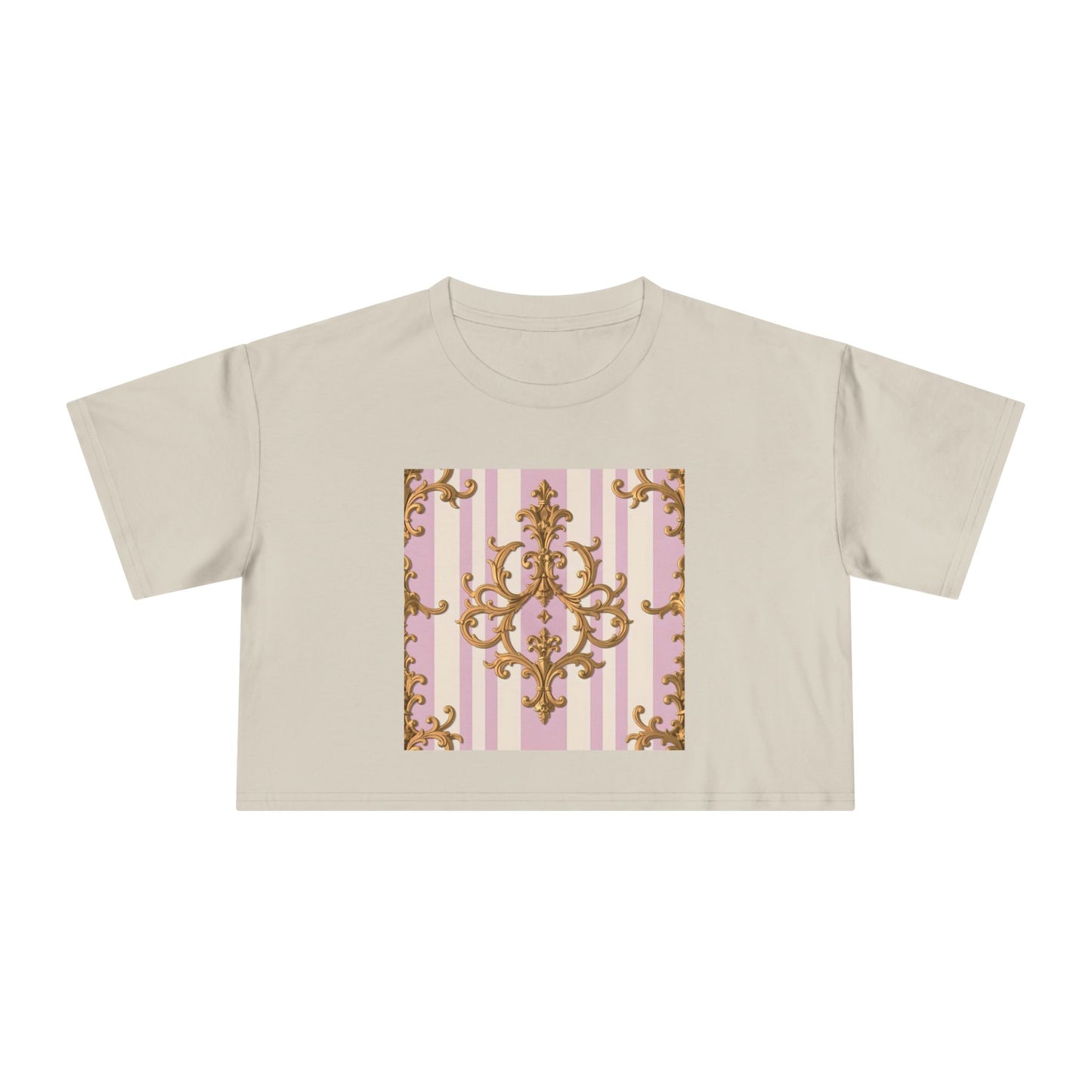 Chic Women's Crop Tee with Elegant Pink and Gold Design, Fashion Tee, Summer Style, Gift for Her - Lilac & Alabaster Striped Gold Baroque