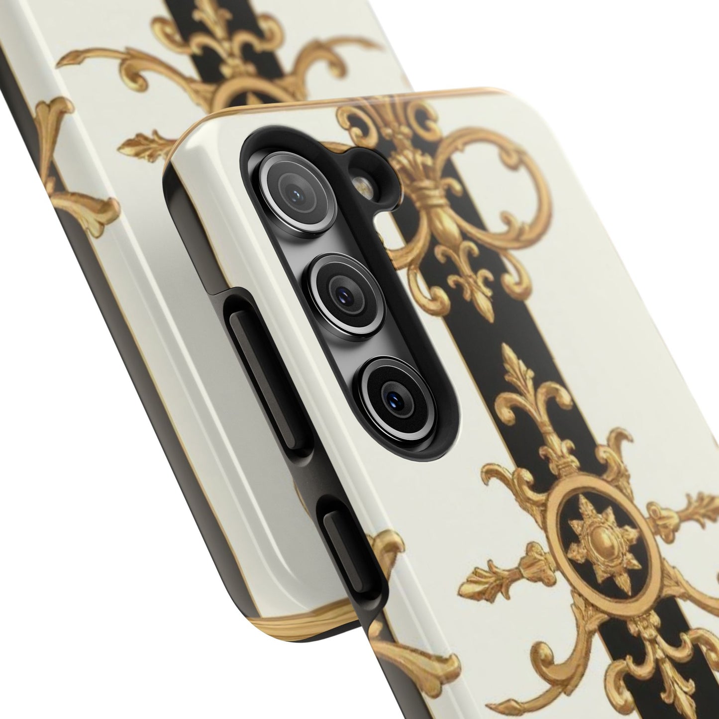 Elegant Baroque Tough Phone Case | Stylish Protection for Your Device, Gift for Her, Phone Accessories - Black & White Striped Gold Baroque