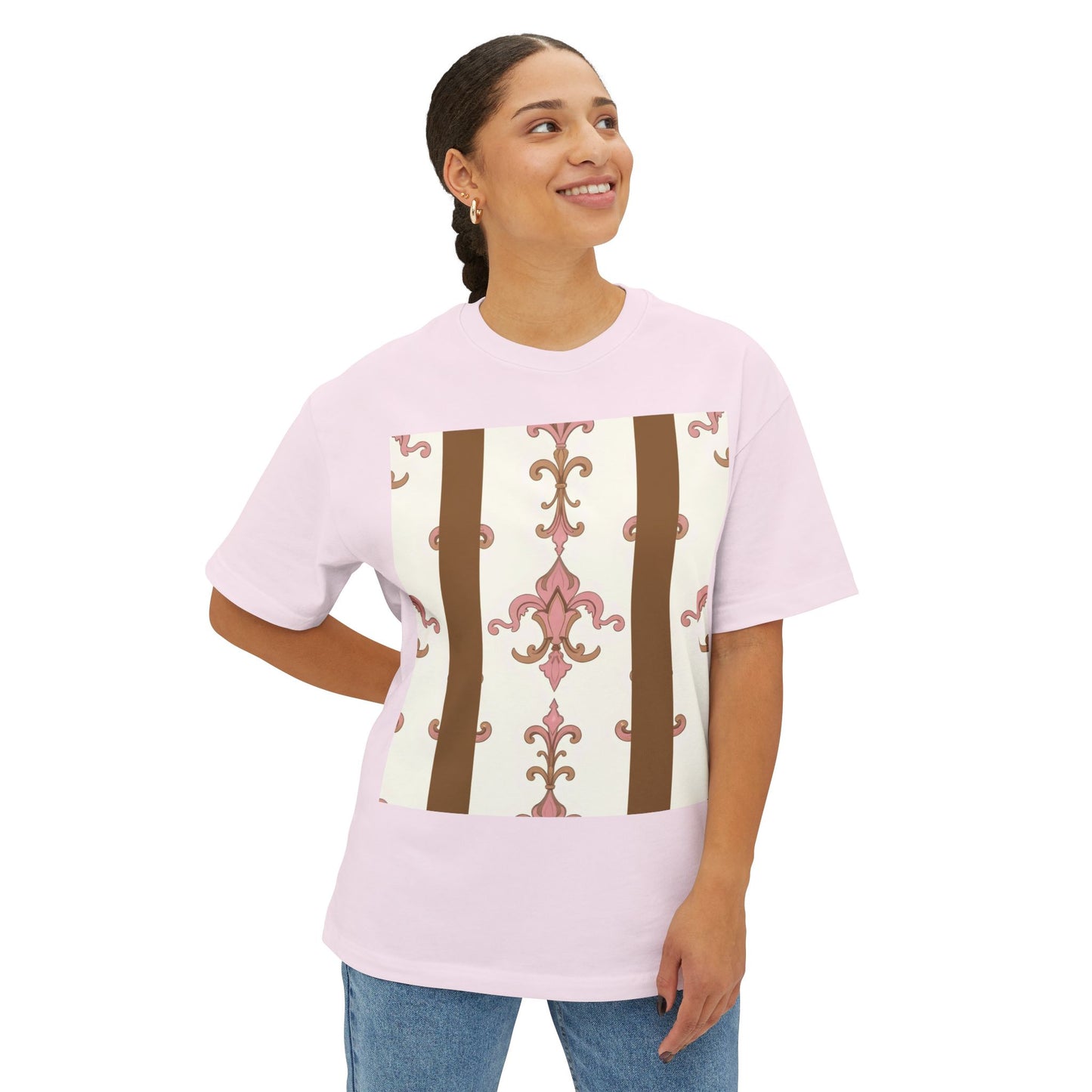 Chic Floral Boxy Tee, Oversized Unisex Tee, Casual Style Shirt, Summer Fashion Top, Gift for Trendsetters - Brown Striped Pink Arabesque