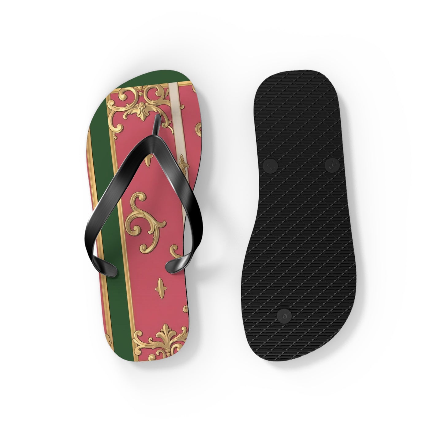 Elegant Green Border Pink Striped Baroque Flip Flops, Summer Footwear, Vacation Sandals, Beach Accessories, Stylish Thong Slippers