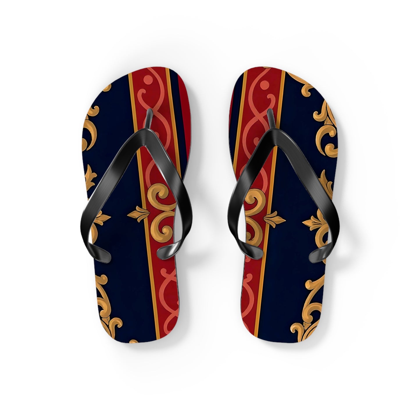 Elegant Vintage Flip Flops, Stylish Summer Footwear, Beachwear Accessories, Vacation Essentials - Midnight Blue & Dusk Red Gold Baroque