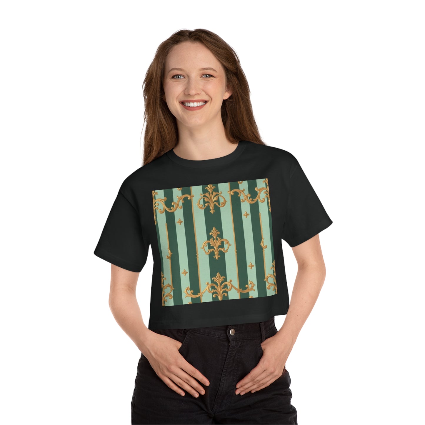Stylish Cropped T-Shirt with Elegant Pattern, Casual Wear, Perfect for Summer Outings - Mint Green & Teal Striped Gold Baroque