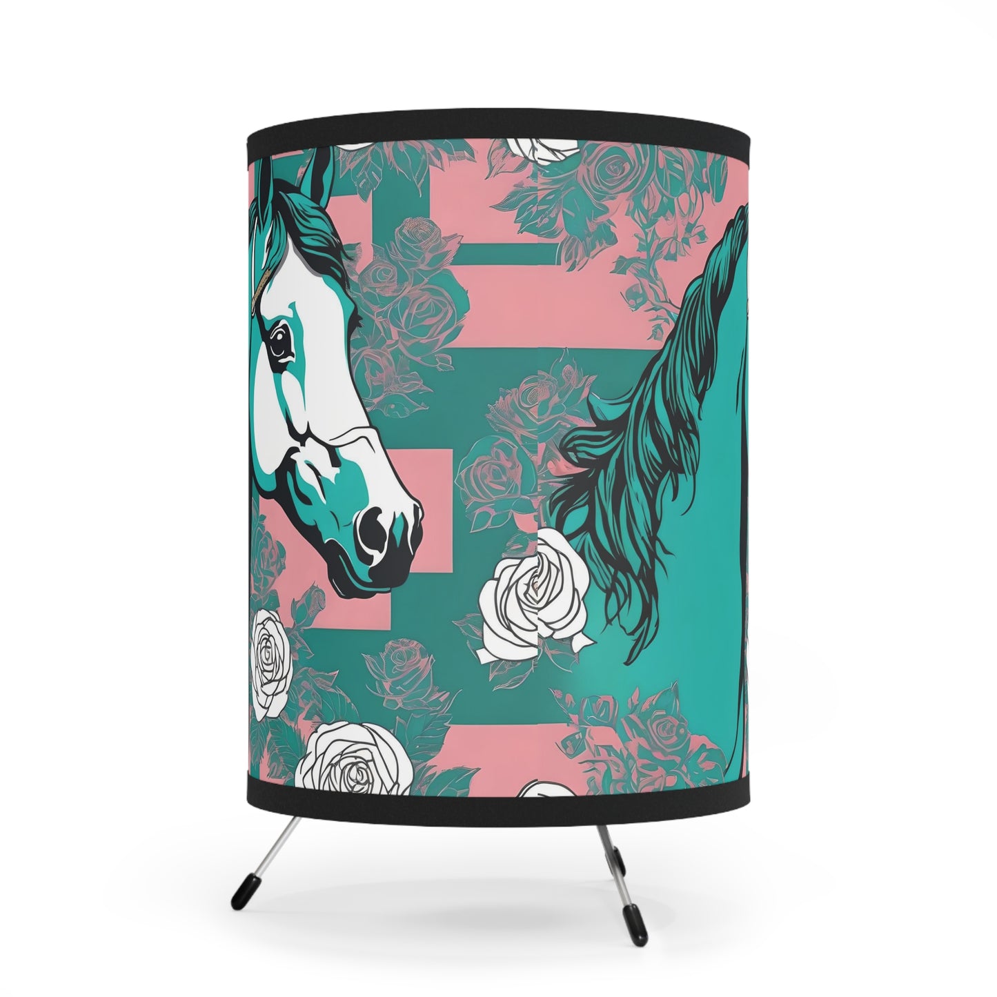 Tripod Lamp - Elegant Vintage Floral Print Home Accent - Teal & White Horse