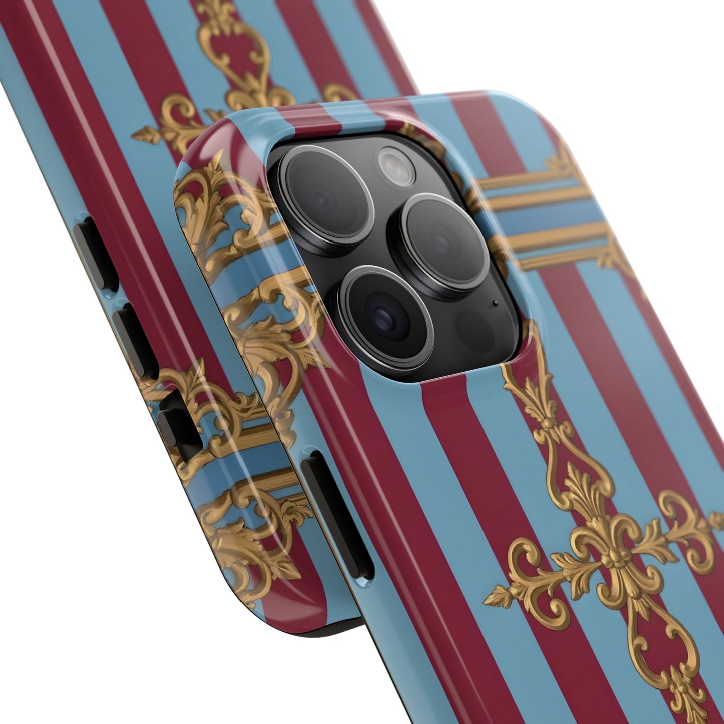 Elegant Patterned Tough Phone Cases, Stylish Phone Cover, Durable Phone Protection, Unique Gift Idea - Sky Blue & Maroon Striped Baroque