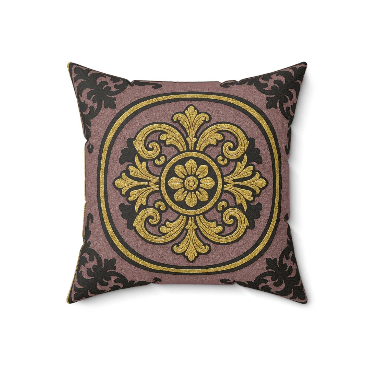 Elegant Gilded Mauve With Gold-Black Baroque Faux Suede Pillow, Decorative Cushion for Home Decor, Living Room Accent, Gift for Holidays