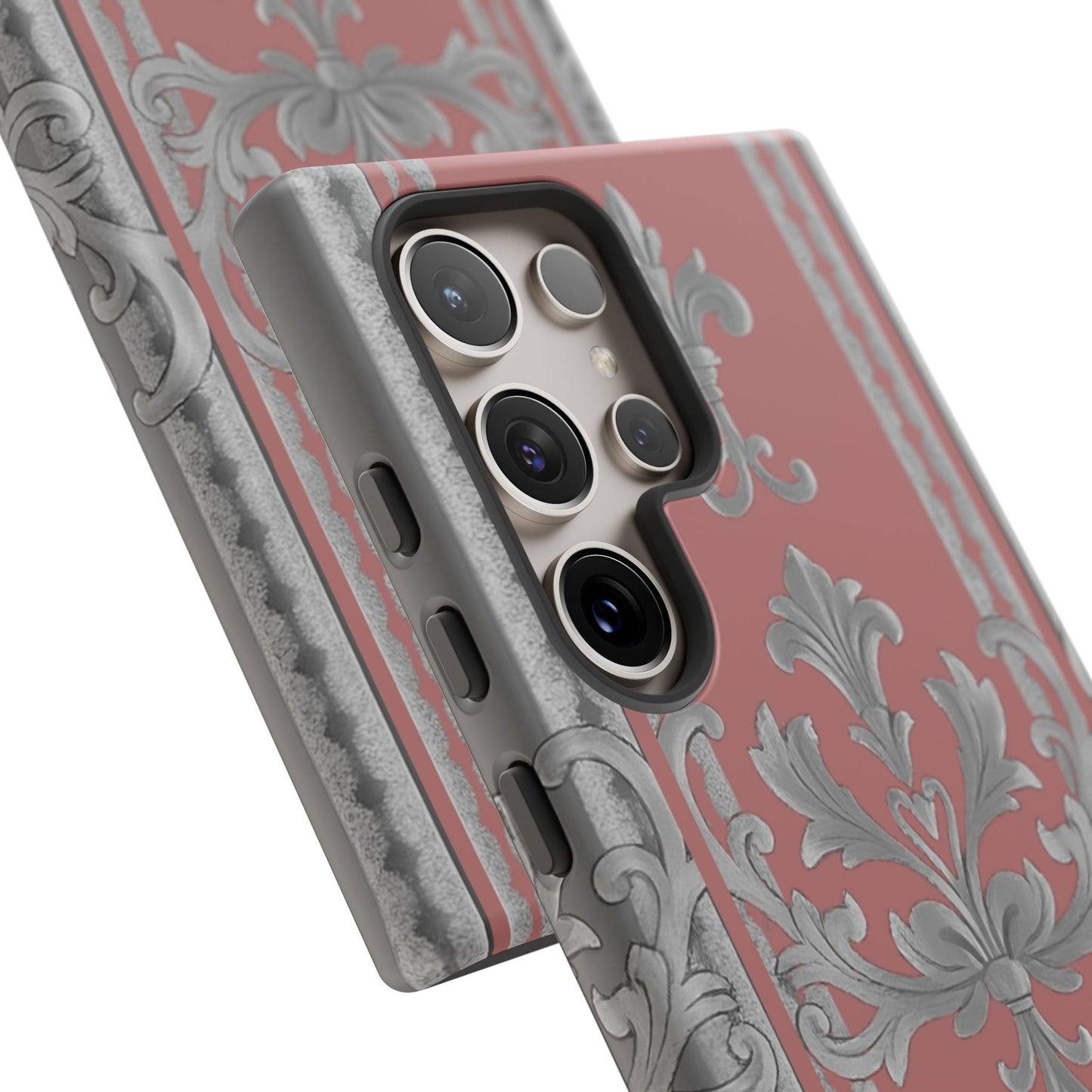 Elegant Floral Phone Case - Tough Cases for Stylish Protection - Gray & Mauve Striped Baroque