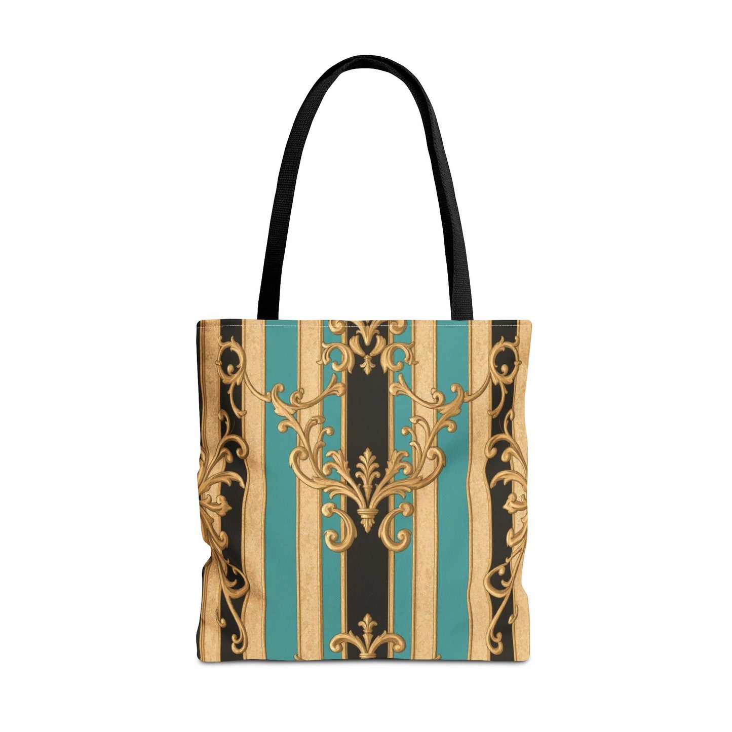 Elegant Black, Tan & Ocean Green Striped Gold Baroque Vintage Pattern Tote Bag, Stylish Carryall, Fashionable Handbag, Perfect Gift for Mother’s Day
