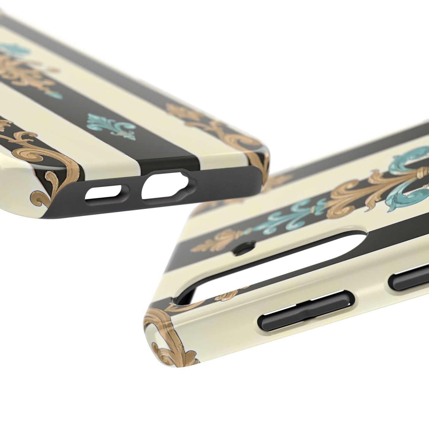 Elegant Vintage Tough Phone Cases, Stylish Phone Accessories, Quality Protection, Gifts for Her - Black Striped Turquoise & Black Rococo