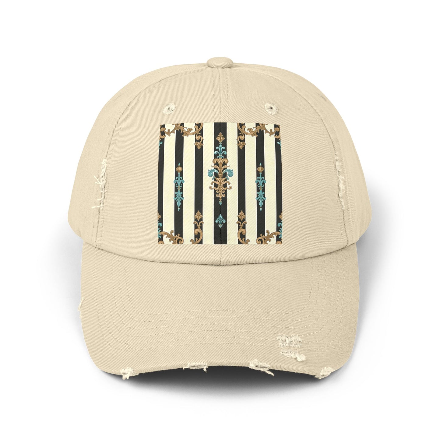 Trendy Distressed Cap for Fashion Lovers, Casual Cap, Gift for Him, Gift for Her - Black Striped Turquoise & Black Rococo