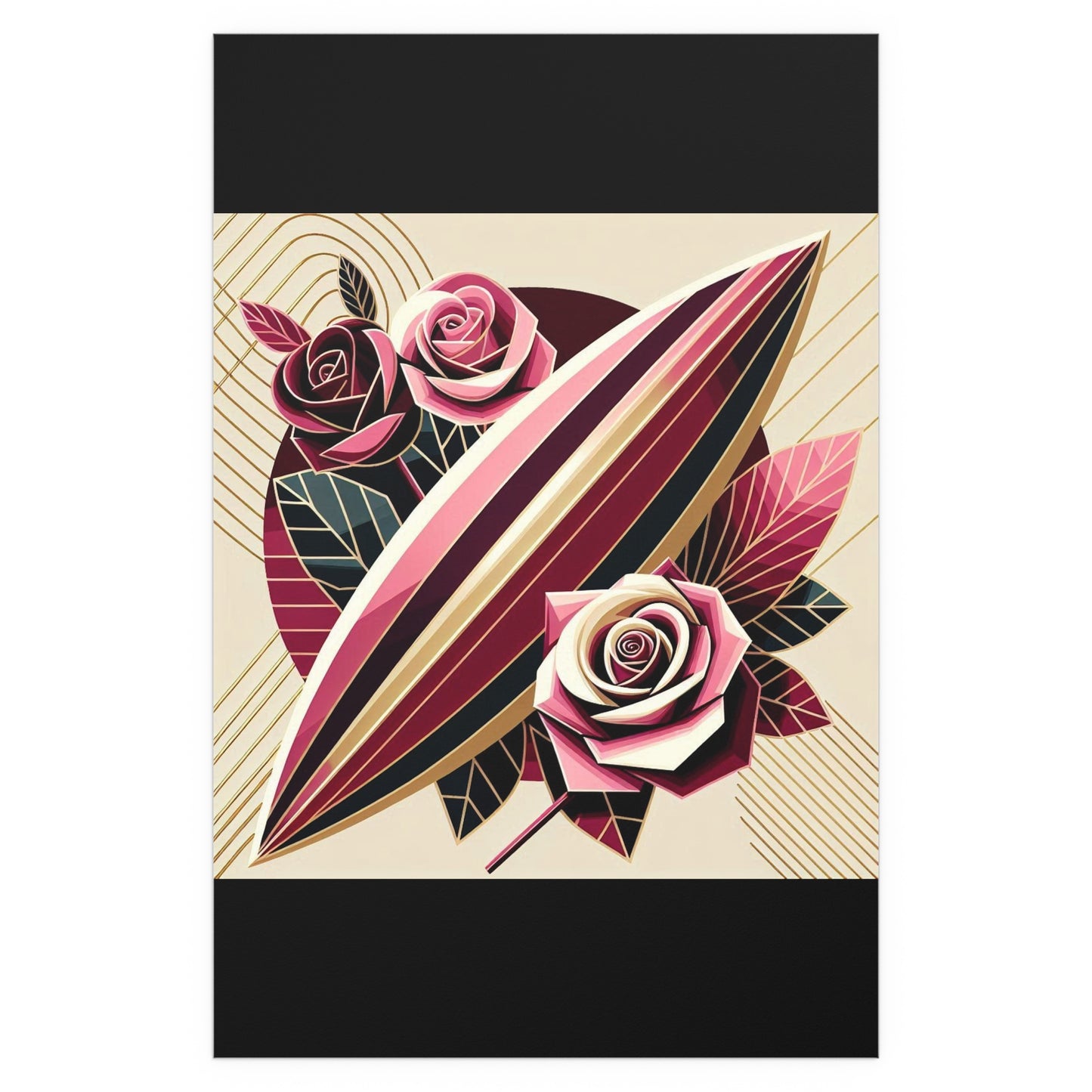 Elegant Floral Silk Poster - Indoor/Outdoor Wall Art for Home Decor - Pink & Burgundy Striped Surfboard & Roses