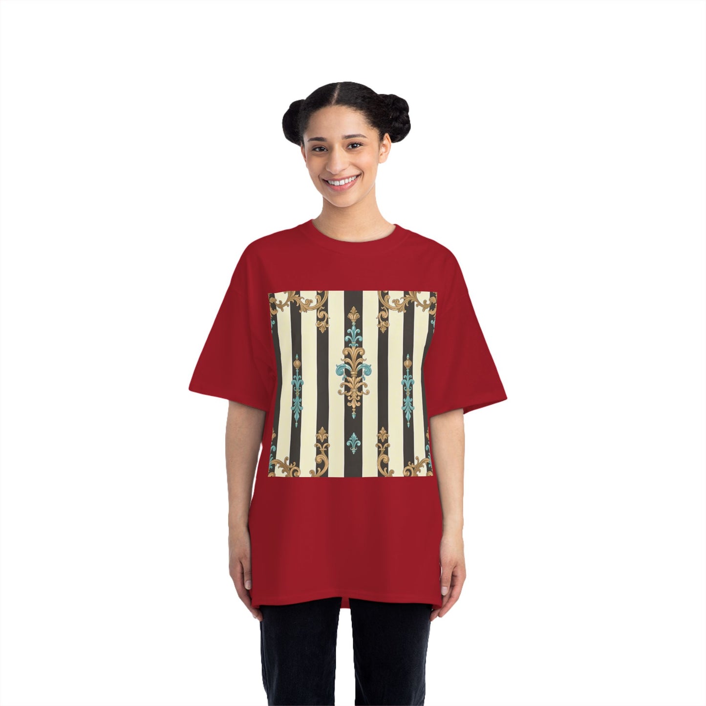 Elegant Floral Pattern Tee, Vintage Style T-Shirt, Gift for Her, Casual Outfit - Black Striped Turquoise & Black Rococo
