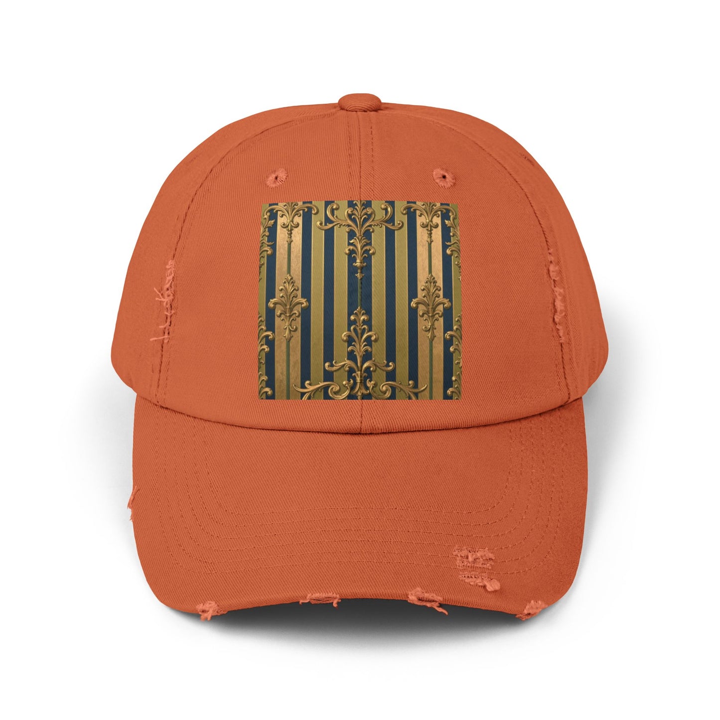 Stylish Midnight Blue & Olive Striped Gold Baroque Unisex Distressed Cap with Elegant Gold Accent, Fashionable Hat for Casual Days, Gift for Birthdays