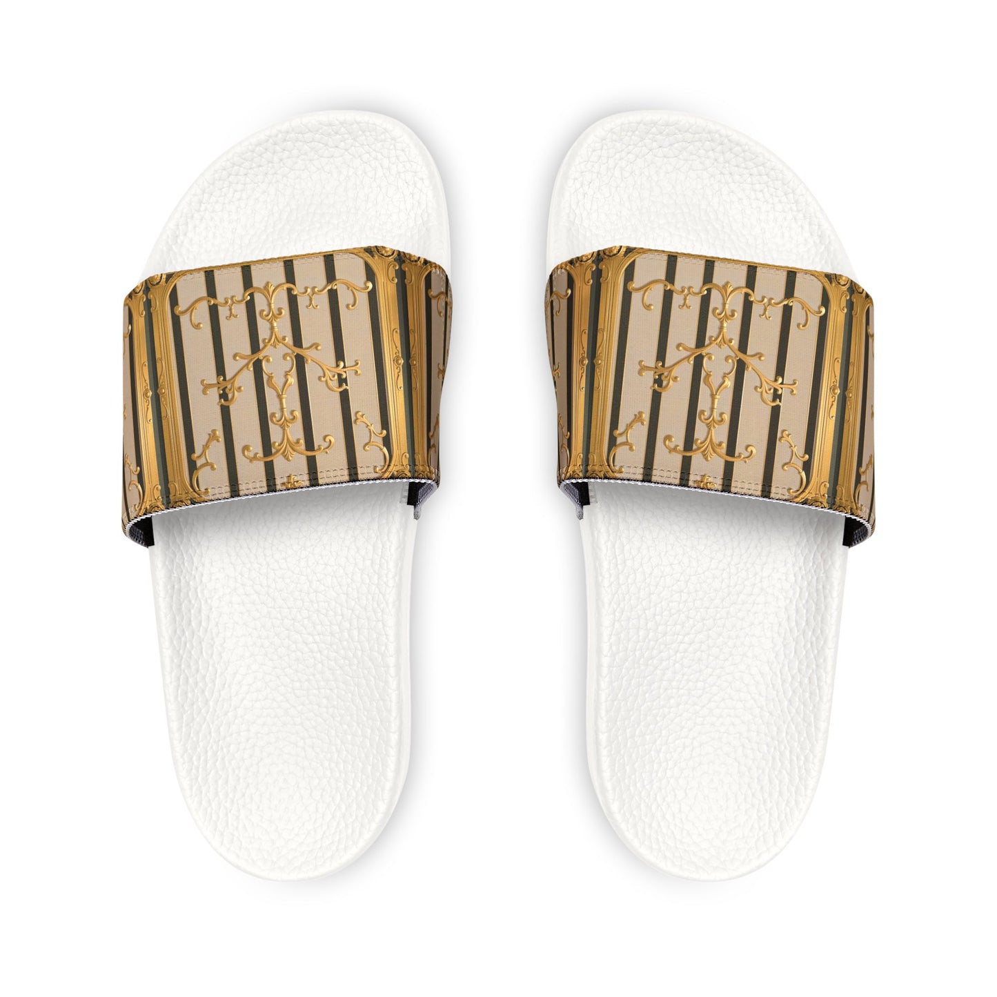 Stylish Women's Removable-Strap Sandals, Summer Footwear, Vacation Slides, Beach Essentials - Beige Striped Gold Rococo