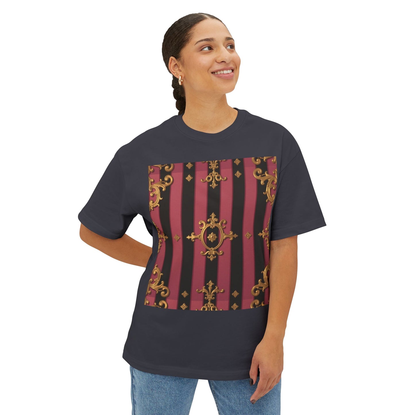 Stylish Black & Mauve Striped Gold Baroque Oversized Tee - Chic Statement Top, Casual Fashion, Perfect for Festivals