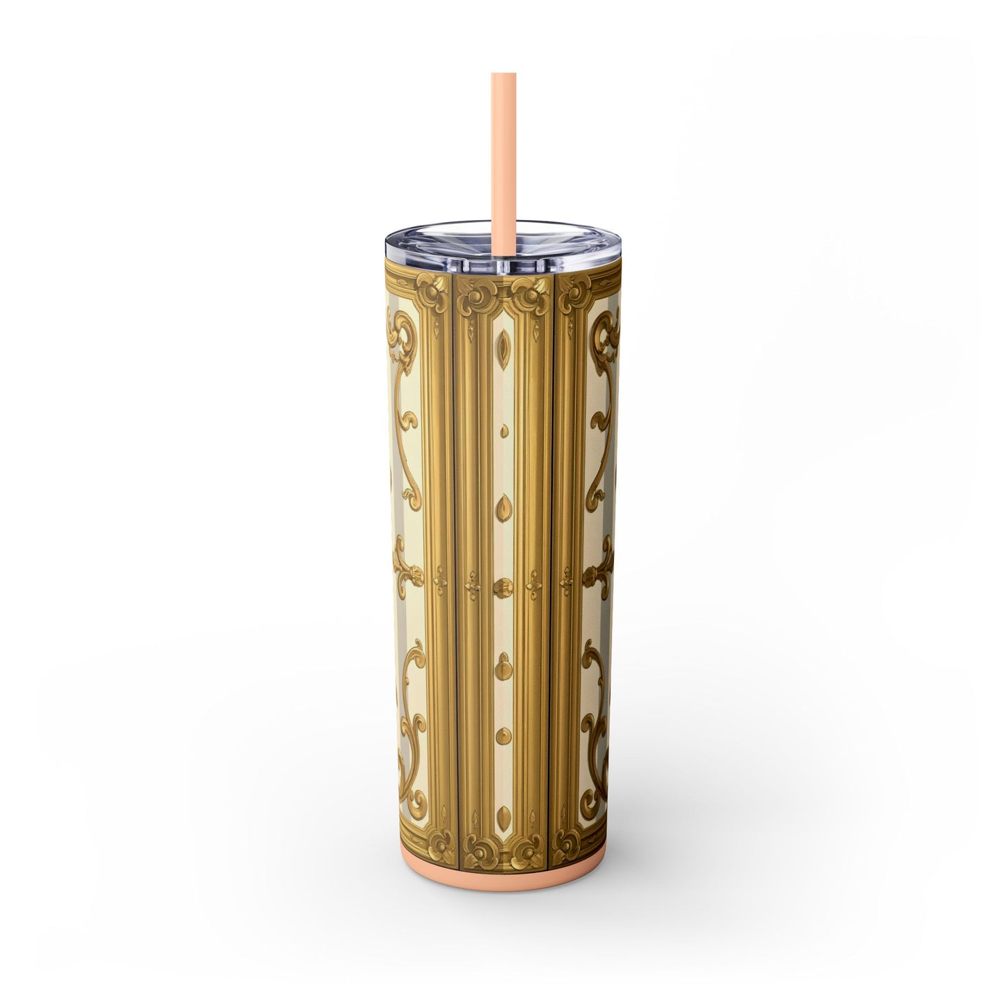 Elegant Vintage Skinny Tumbler with Straw, 20oz - Golden Baroque Design for Weddings, Parties - Matte Gray & Cream Striped Gold Baroque