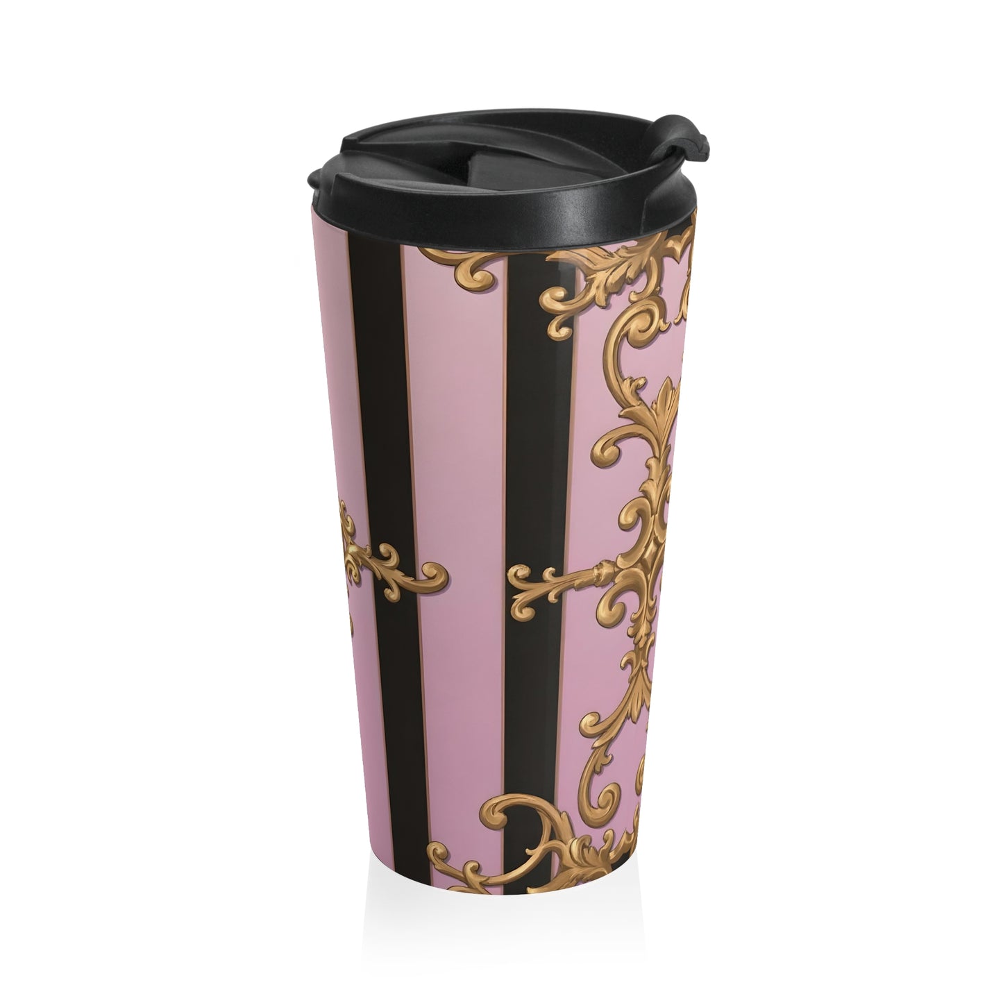 Elegant Ornate Stainless Steel Travel Mug - Perfect for Coffee Lovers, Gifts, Travel Enthusiasts - Matte Lavender & Black Striped Gold Baroque