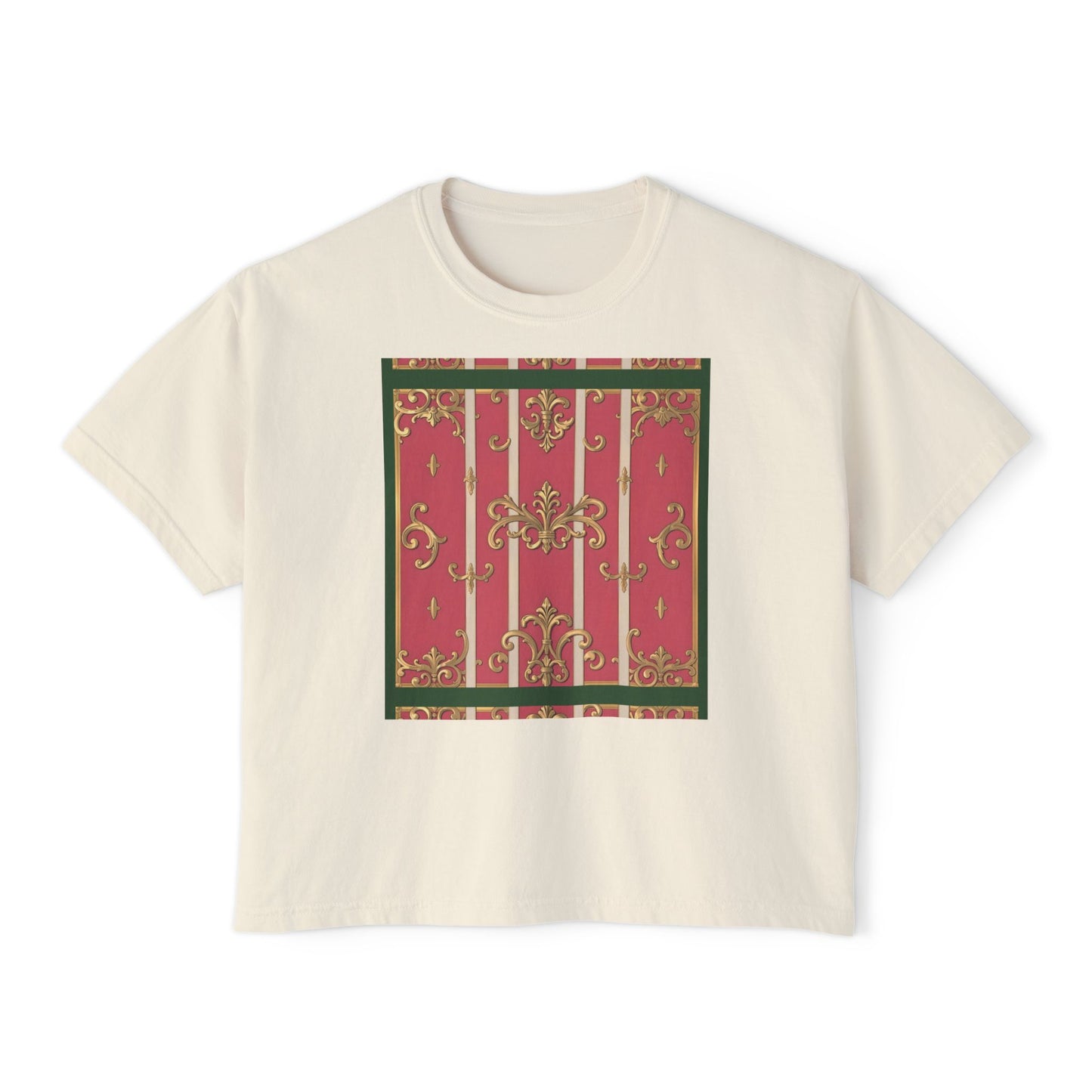 Women's Boxy Tee with Elegant Green Border Pink Striped Baroque Design, Casual Summer Top, Gift for Her, Trendy T-Shirt, Stylish Everyday Wear