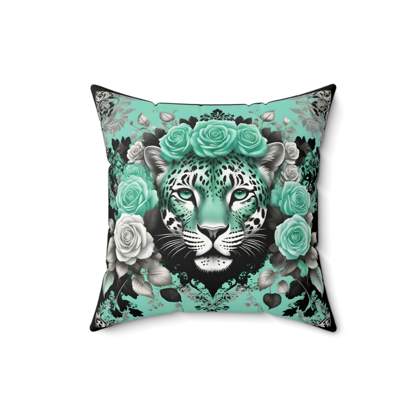 Floral Leopard Faux Suede Pillow - Artistic Home Decor - Mint Green Leopard
