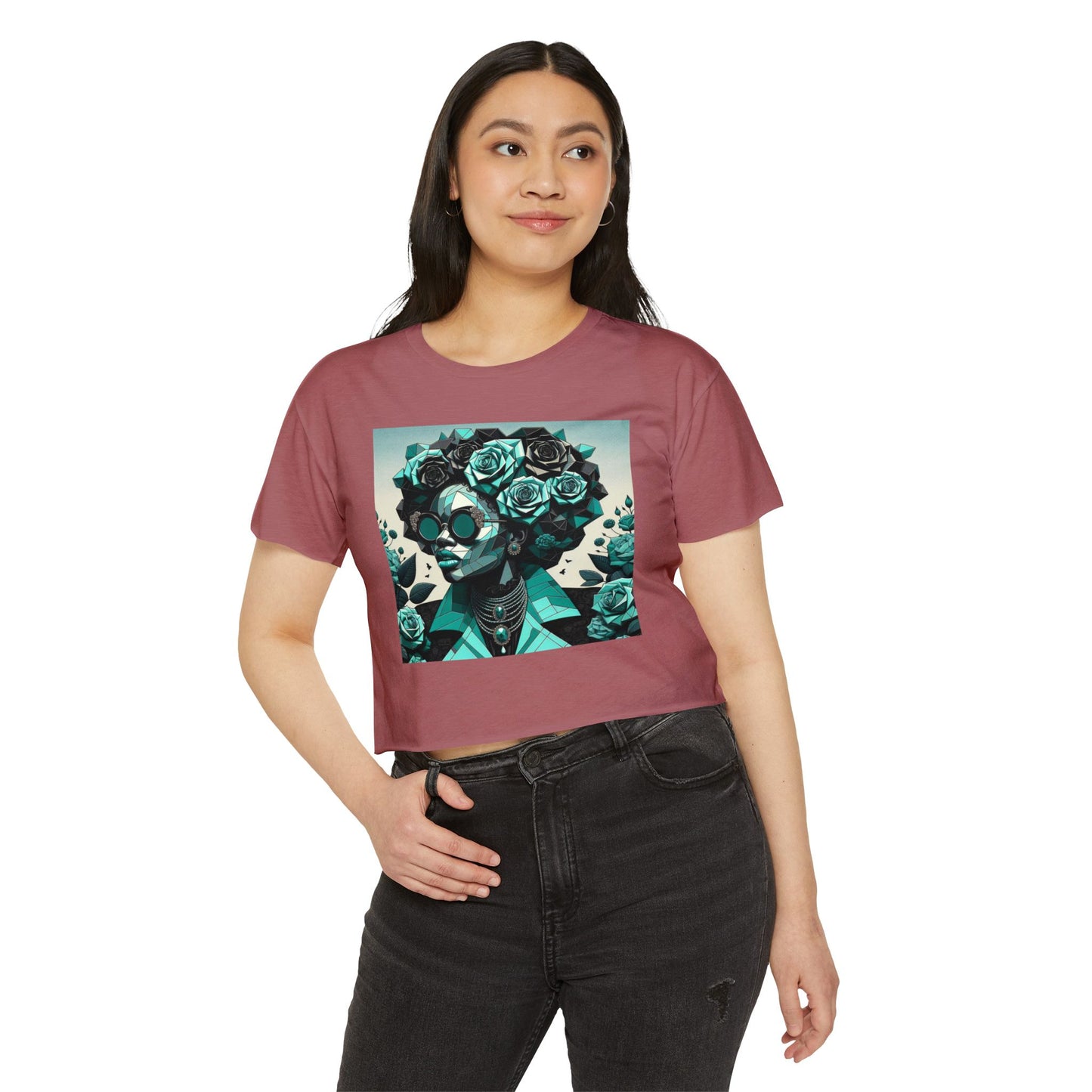 Women's Festival Crop Top with Artistic Floral Design, Boho Clothing, Trendy Summer Style, Perfect for Music Festivals - Turquoise & Black Roses Lady