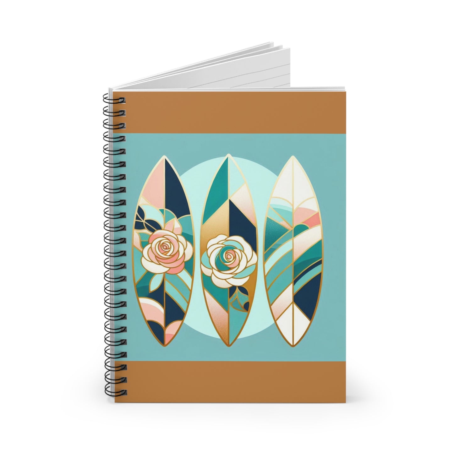 Stylish Surfing Spiral Notebook - Ruled Line with Floral Design - Blue, Pink & Aqua Surfboard & Roses