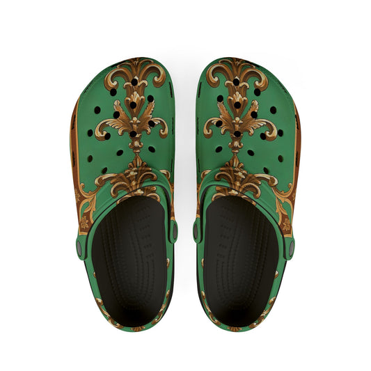 Elegant Green Floral EVA Foam Clogs for Comfort and Style - Rust & Green Striped Baroque