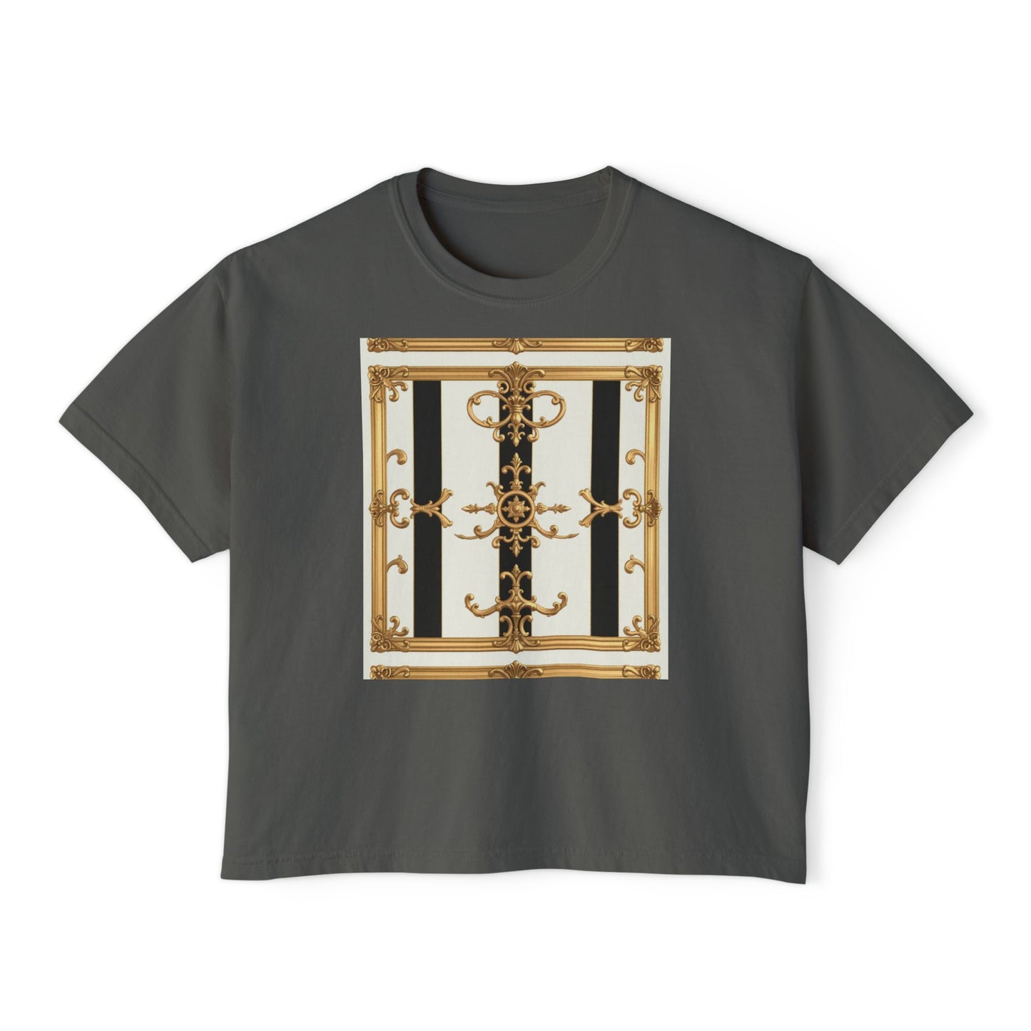 Chic Women's Boxy Tee, Stylish Graphic Shirt, Trendy Casual Top, Fashionable Everyday Wear - Black & White Striped Gold Baroque