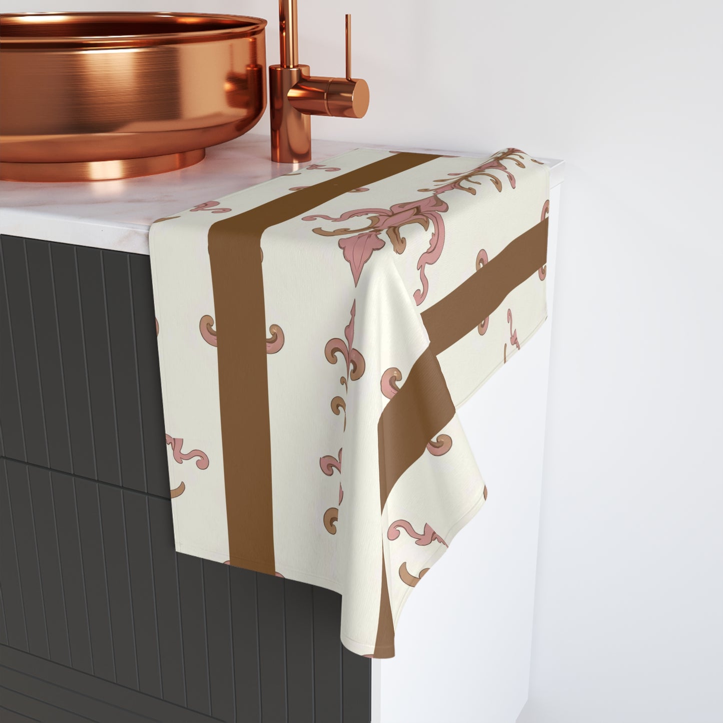 Elegant Decorative Hand Towel for Kitchen or Bath, Floral Towel for Home, Chic Gift, Wedding Gift - Brown Striped Pink Arabesque
