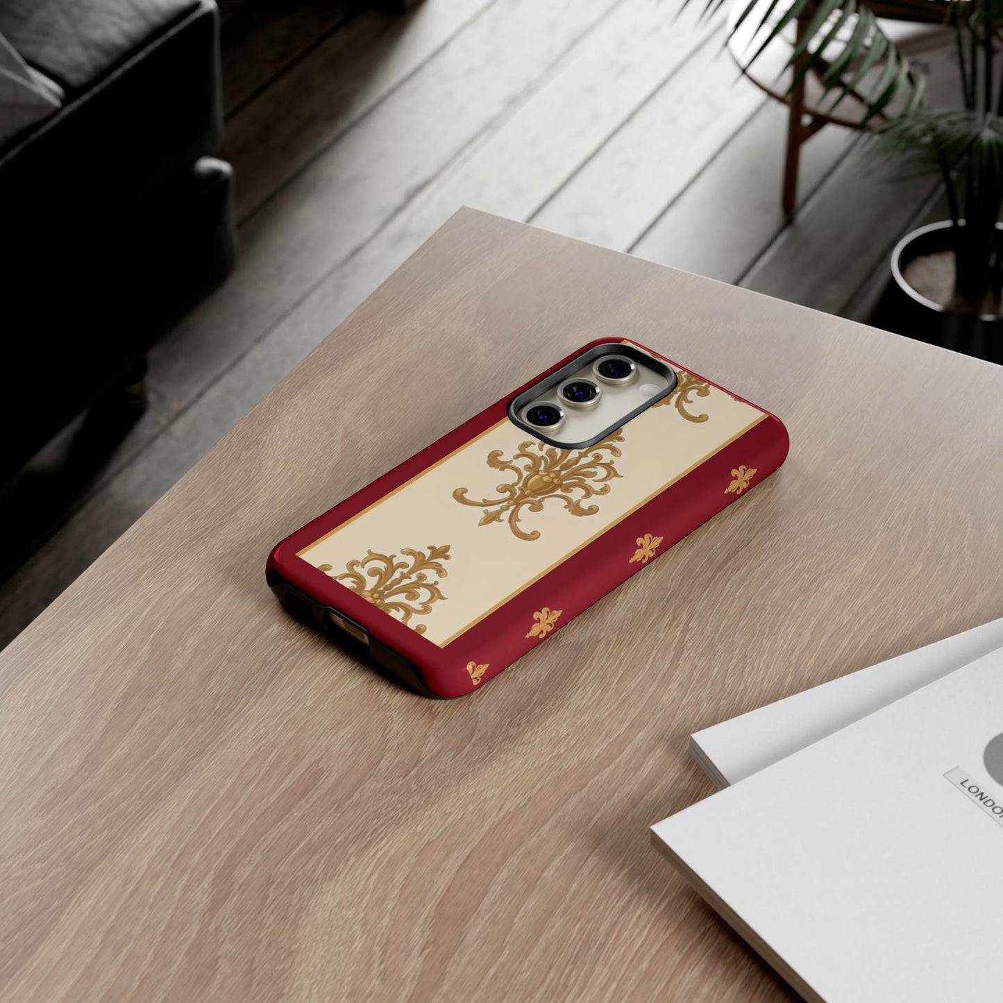 Elegant Floral Motif Phone Case - Tough Cases with Vintage Design - Dusk Red Striped Gold Damask