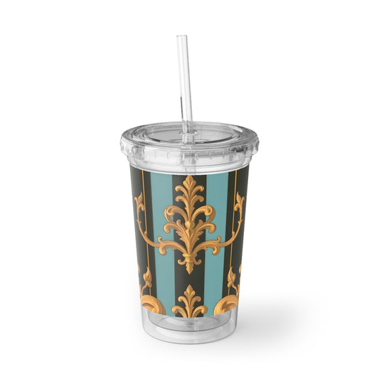 Suave Acrylic Cup with Elegant Stripe Design, Stylish Tumbler, Perfect for Parties, Gifts, Home Decor, Travel - Black & Turquoise Striped Baroque