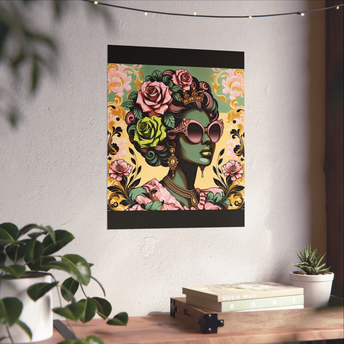 Floral Afro Art Poster - Elegant Matte Vertical Wall Decor - Mint Green Lady With Damask & Roses