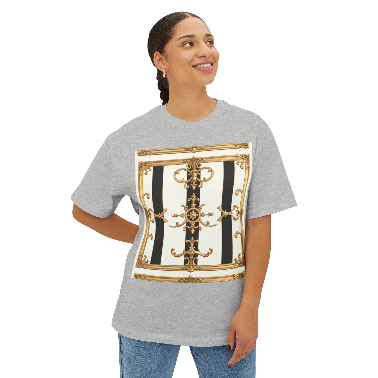 Chic Oversized Boxy Tee with Elegant Gold Design, Fashion T-Shirt, Streetwear Top, Casual Wear - Black & White Striped Gold Baroque