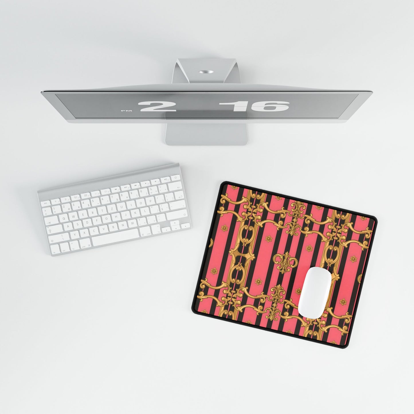 Elegant Pink & Black Desk Mat for Home Office, Stylish Ergonomic Mat, Desk Accessories - Pink & Black Striped Gold Baroque