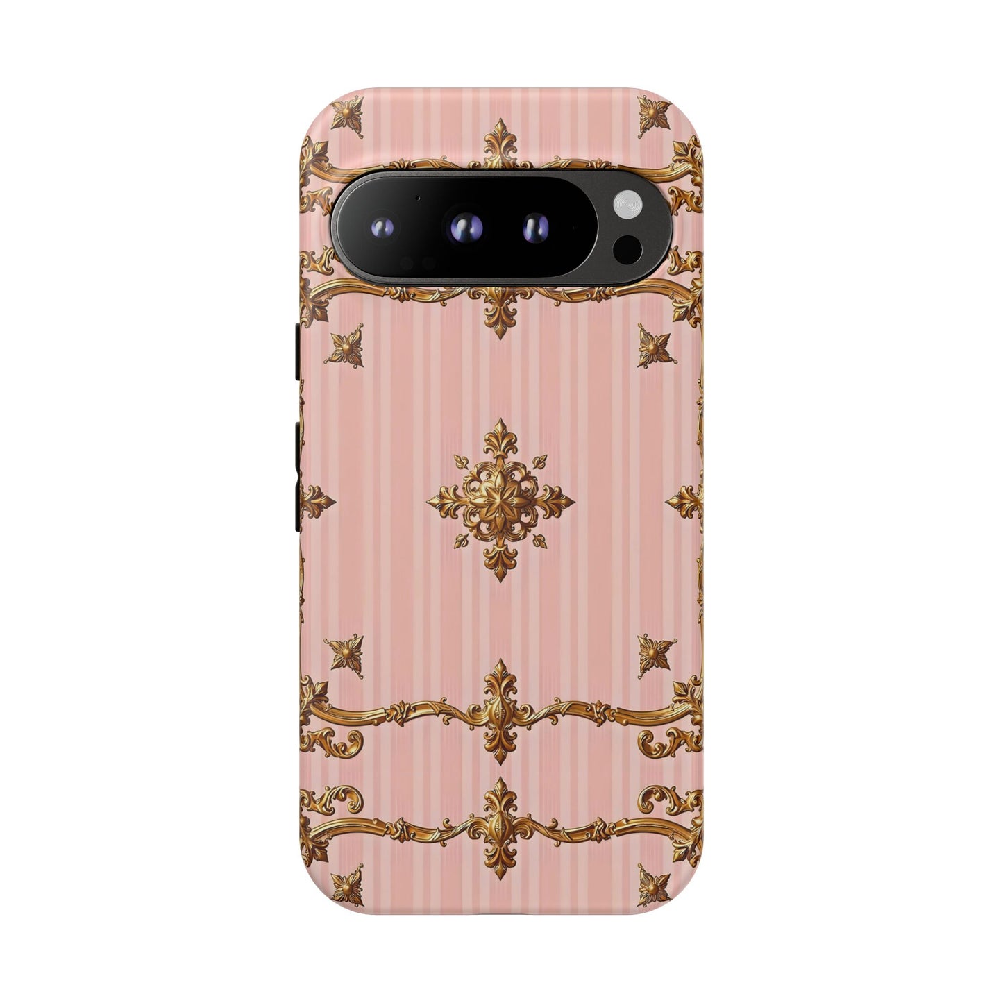 Elegant Floral Phone Case, Tough Cases for Women, Trendy Phone Cover, Chic Gift - Pink Striped Gold Baroque