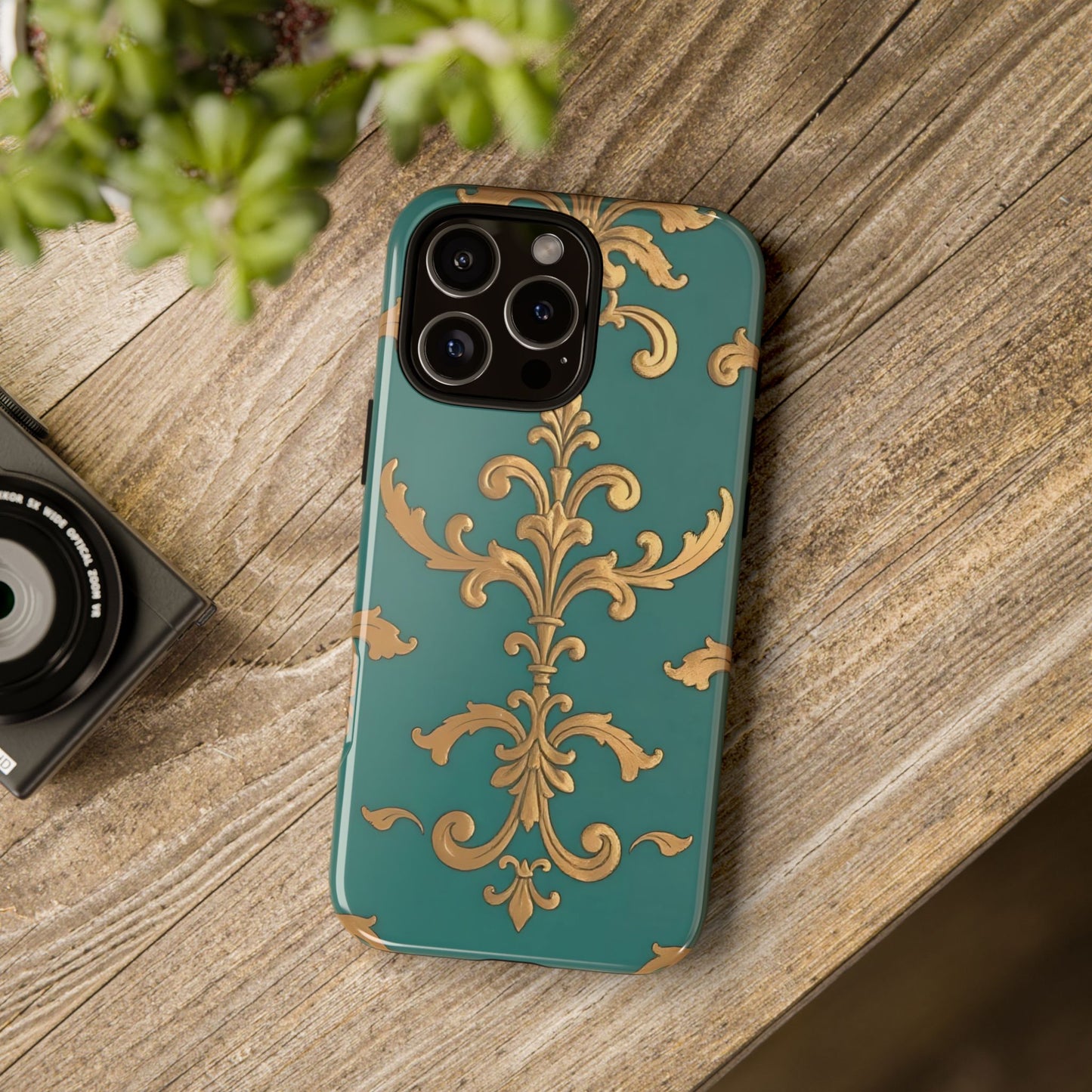 Elegant Floral Motif Phone Case - Tough Cases with Vintage Design - Aqua & Gold Damask